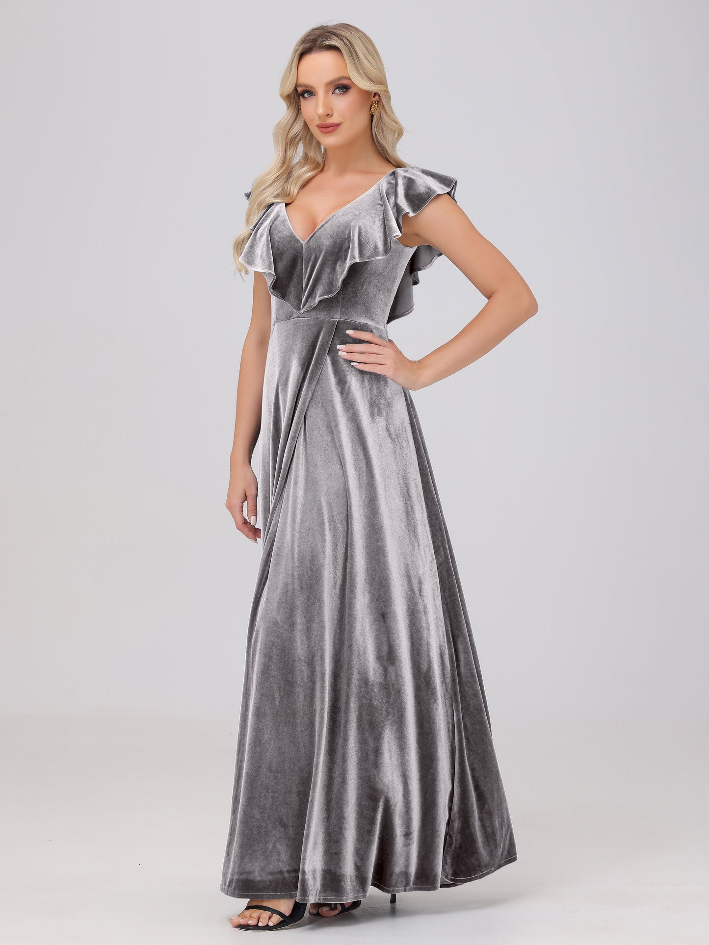 Ruffle V-Neck Velvet Bridesmaid Dresses with High Slit