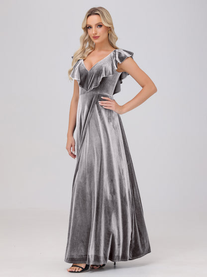 Ruffle V-Neck Velvet Bridesmaid Dresses with High Slit