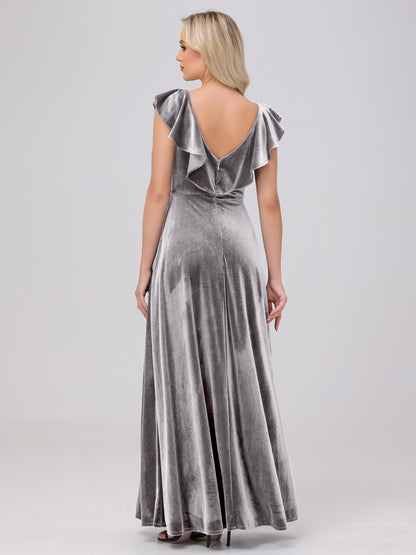 Ruffle V-Neck Velvet Bridesmaid Dresses with High Slit