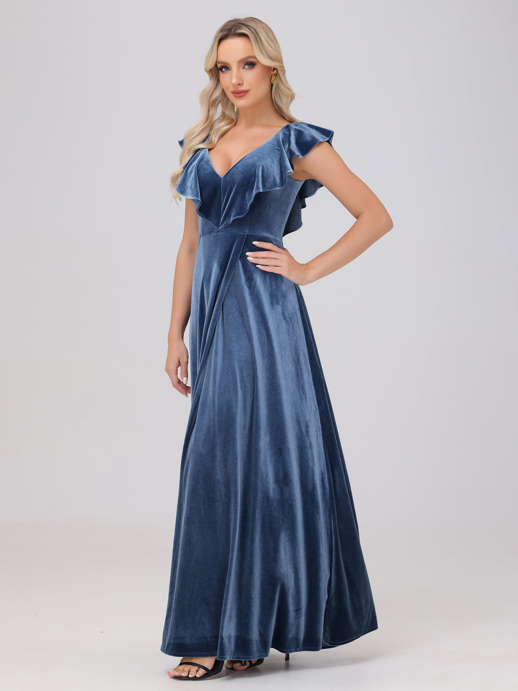 Ruffle V-Neck Velvet Bridesmaid Dresses with High Slit