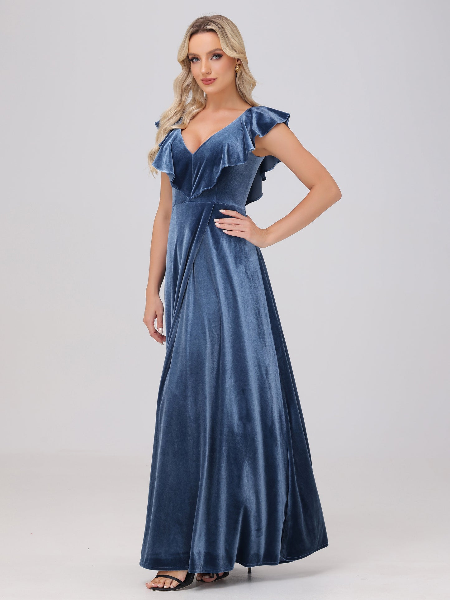 Ruffle V-Neck Velvet Bridesmaid Dresses with High Slit
