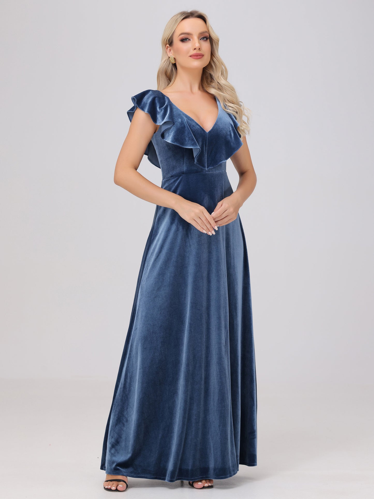 Ruffle V-Neck Velvet Bridesmaid Dresses with High Slit