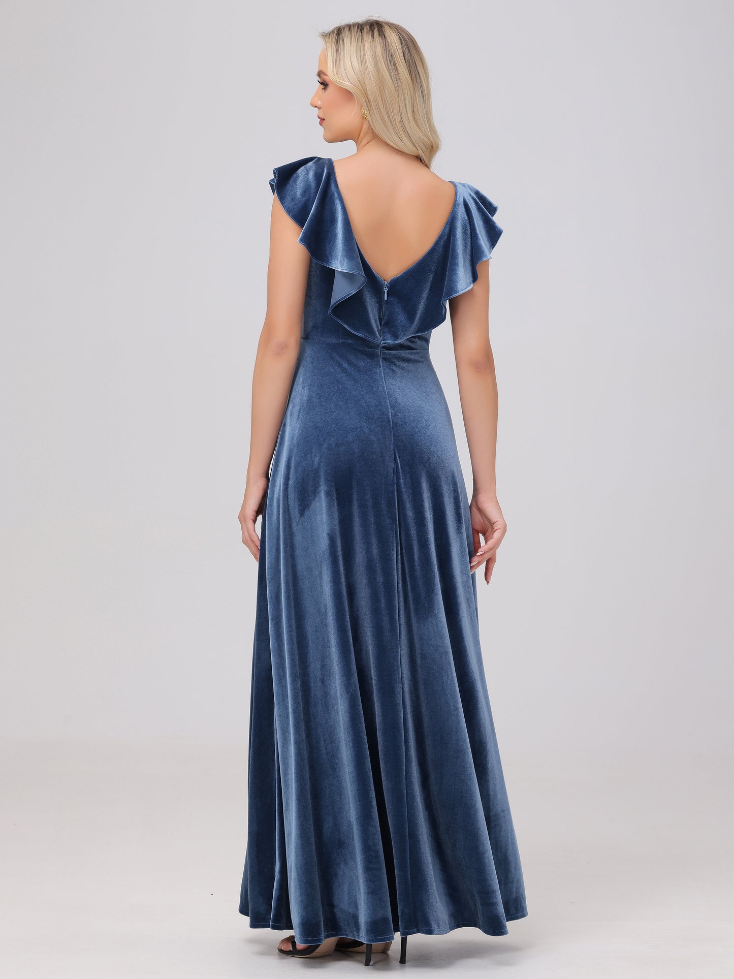 Ruffle V-Neck Velvet Bridesmaid Dresses with High Slit