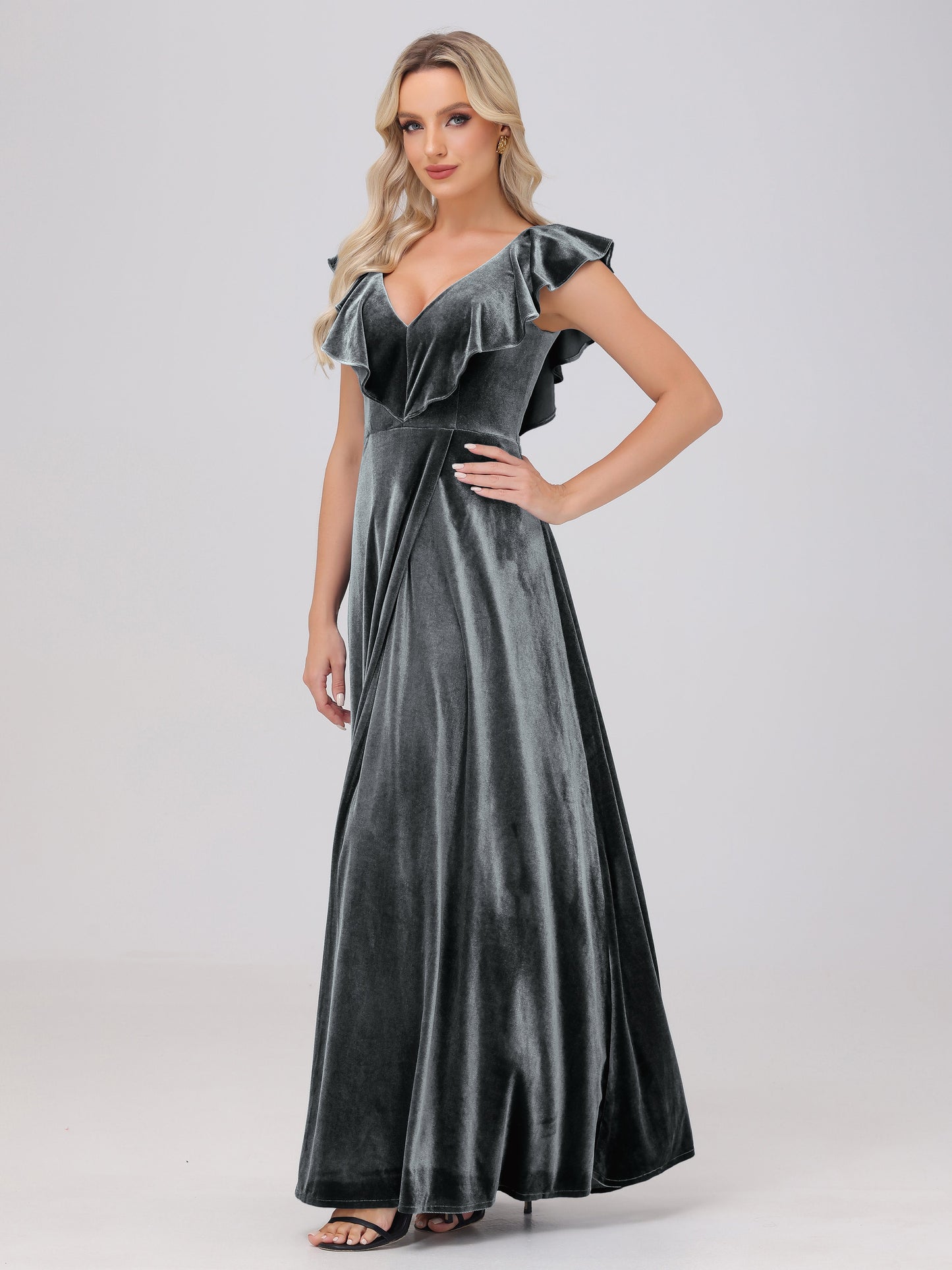 Ruffle V-Neck Velvet Bridesmaid Dresses with High Slit