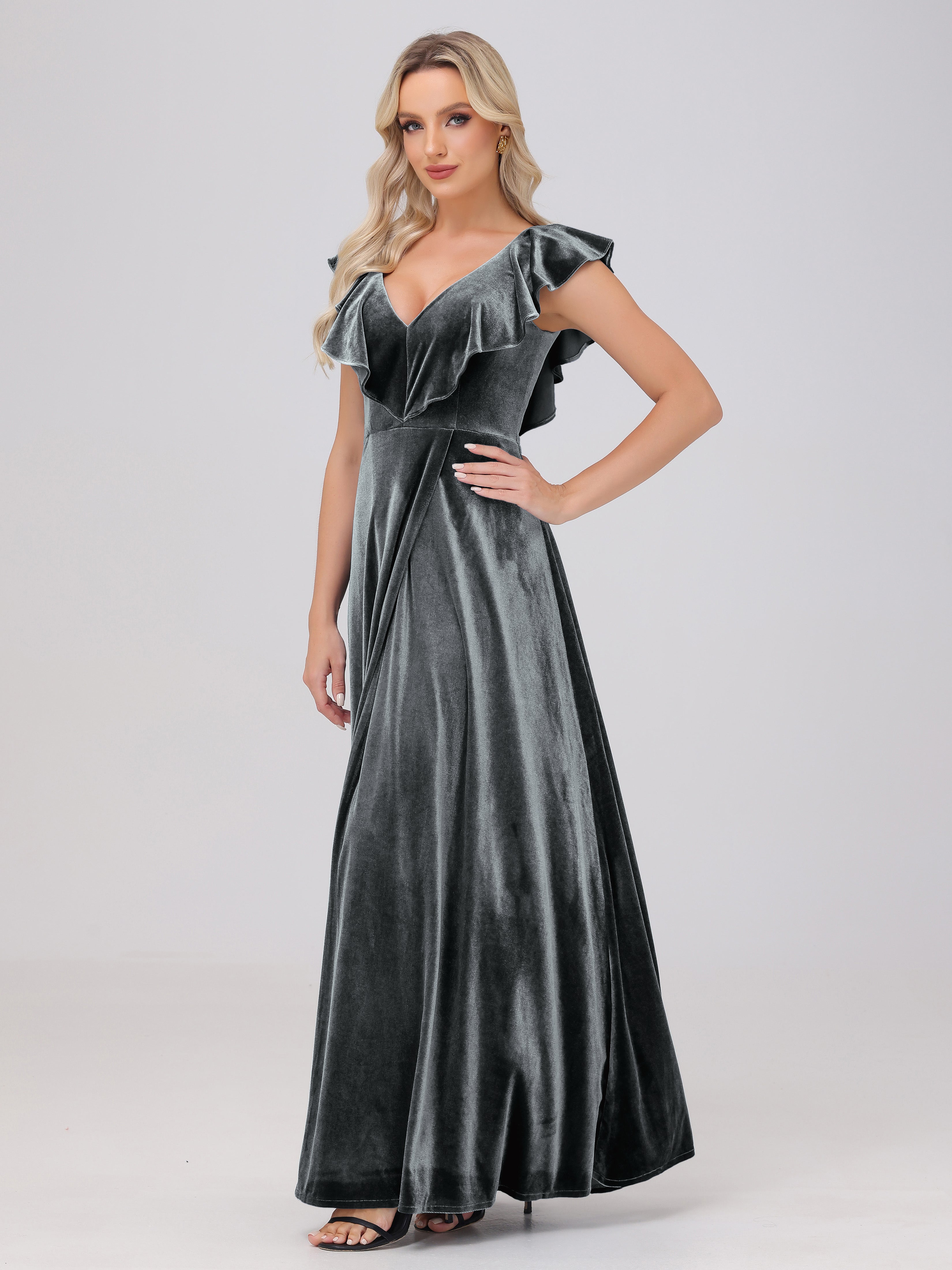 Ruffle V-Neck Velvet Bridesmaid Dresses with High Slit