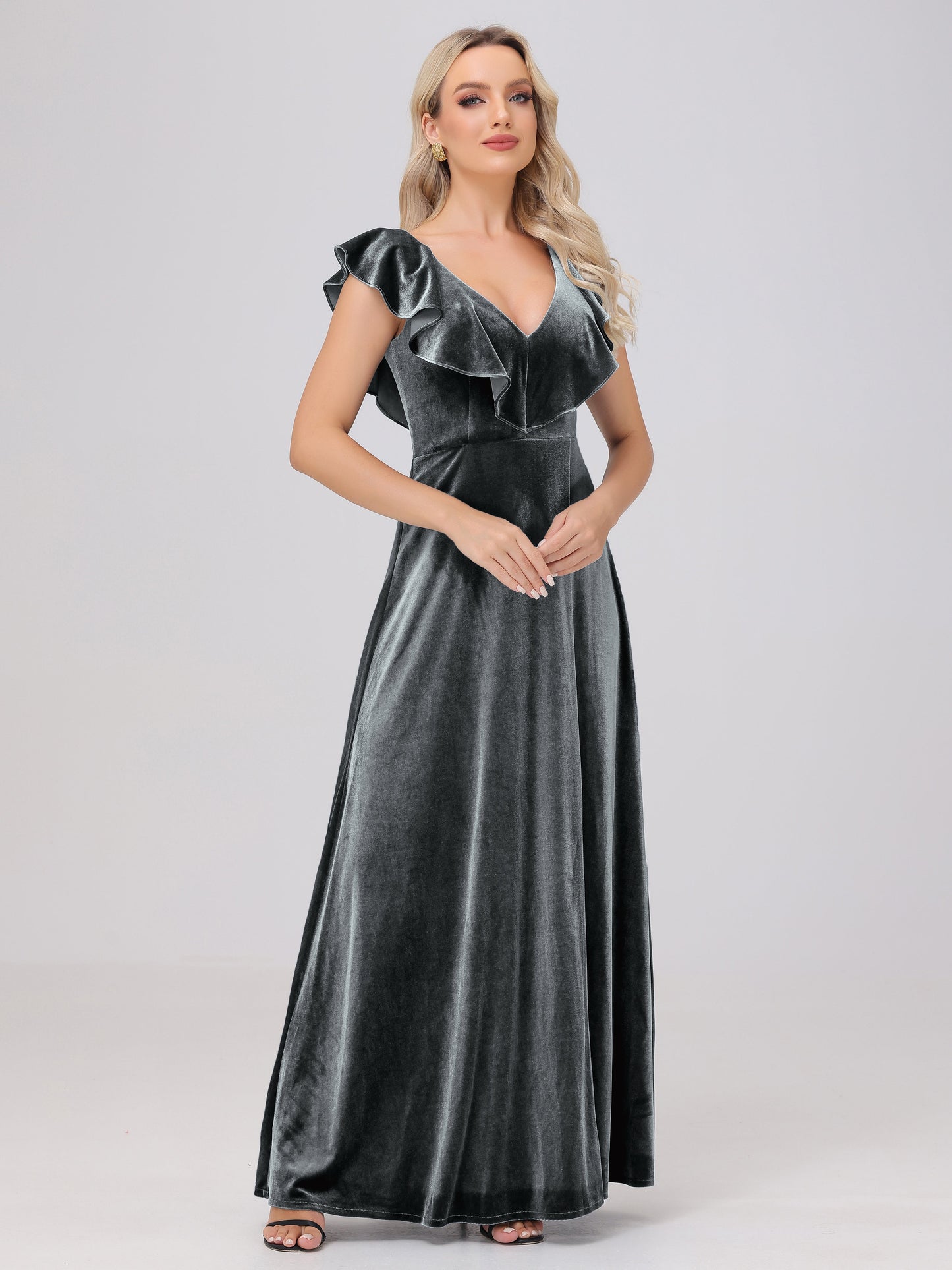 Ruffle V-Neck Velvet Bridesmaid Dresses with High Slit