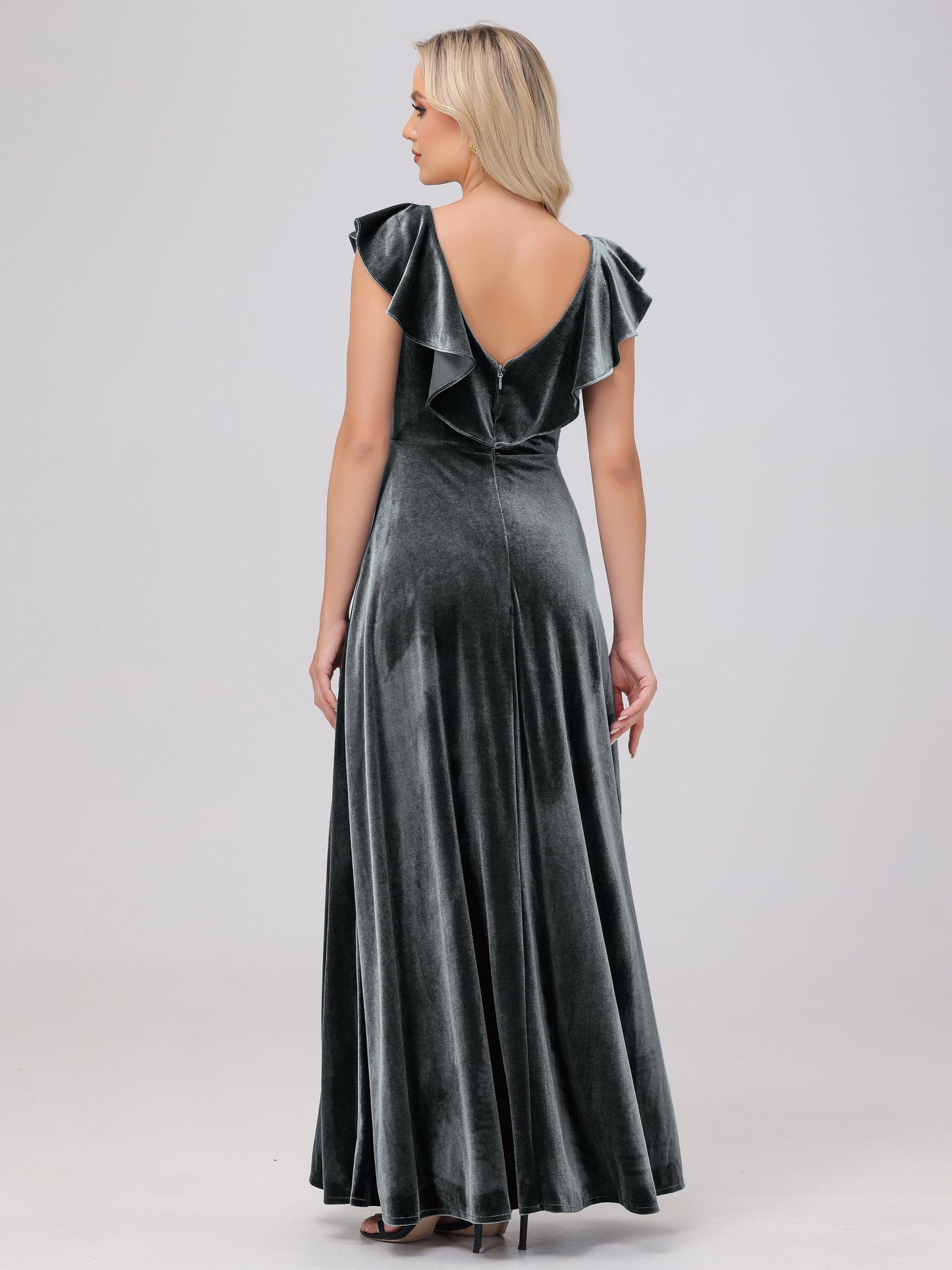 Ruffle V-Neck Velvet Bridesmaid Dresses with High Slit