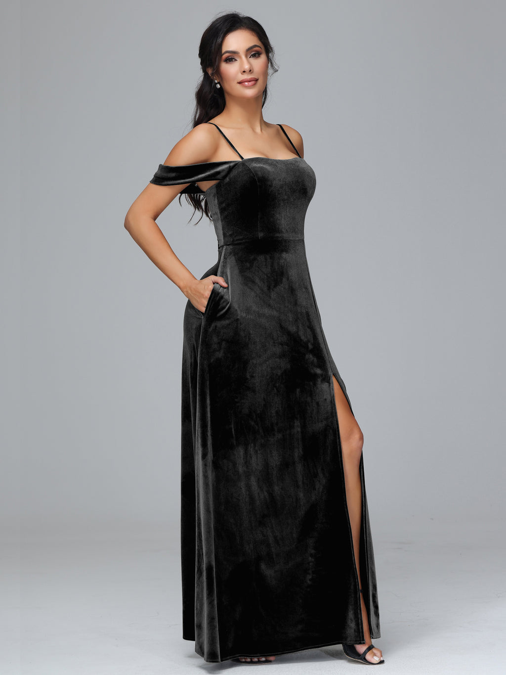 Spaghetti Straps Off Shoulder Plus Size Velvet Bridesmaid Dress With Slit