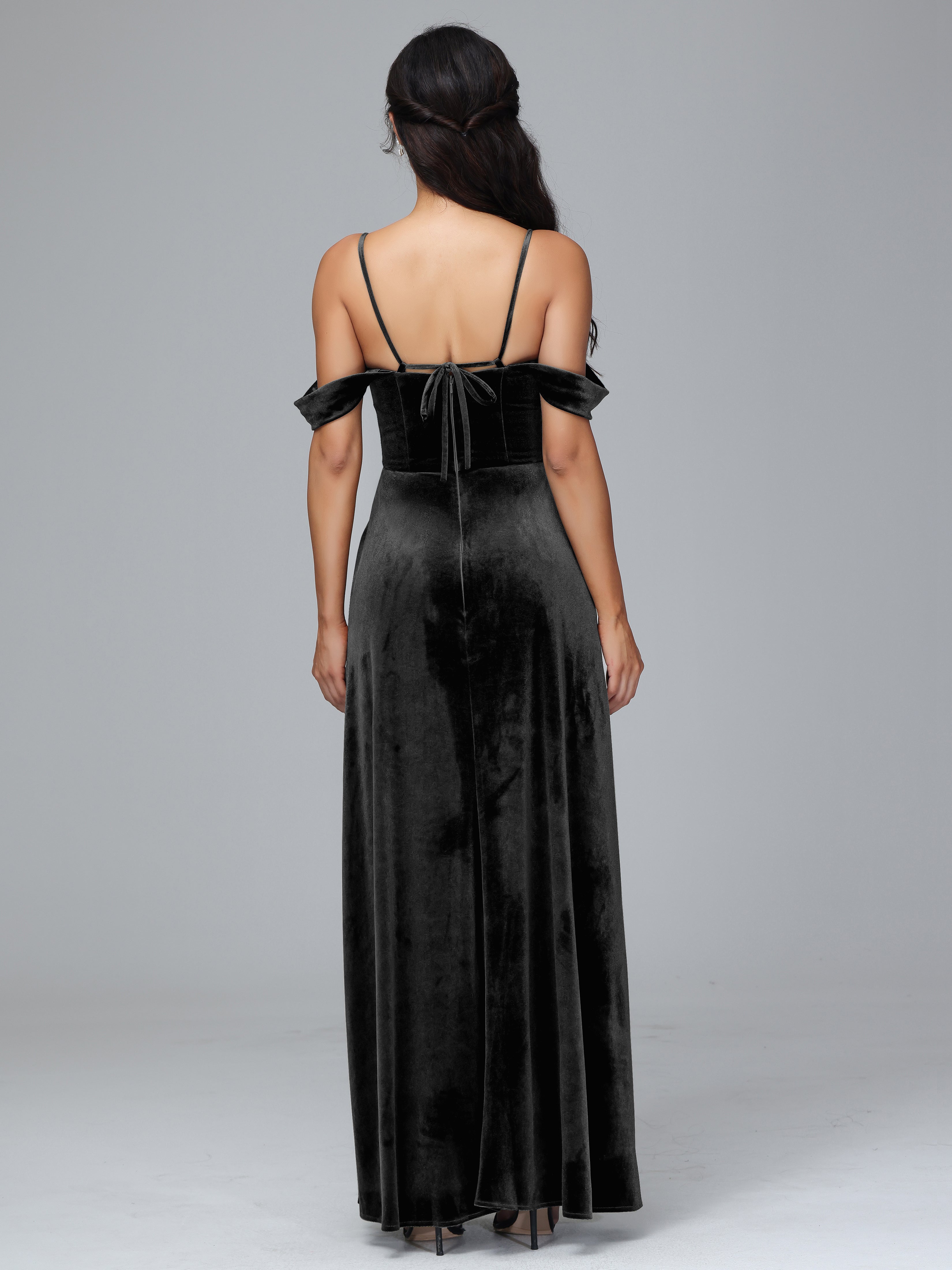 Spaghetti Straps Off Shoulder Plus Size Velvet Bridesmaid Dress With Slit