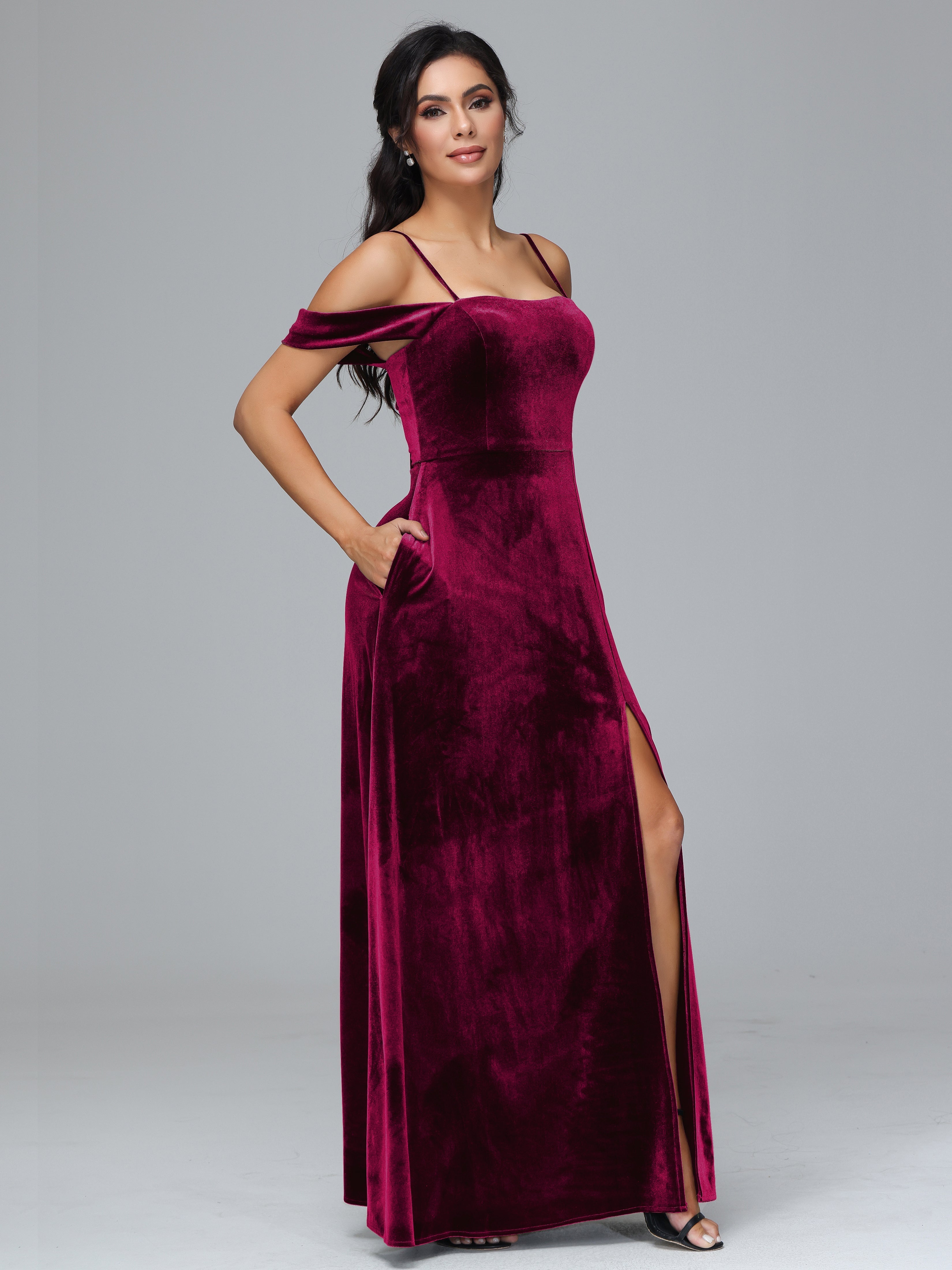 Spaghetti Straps Off Shoulder Plus Size Velvet Bridesmaid Dress With Slit