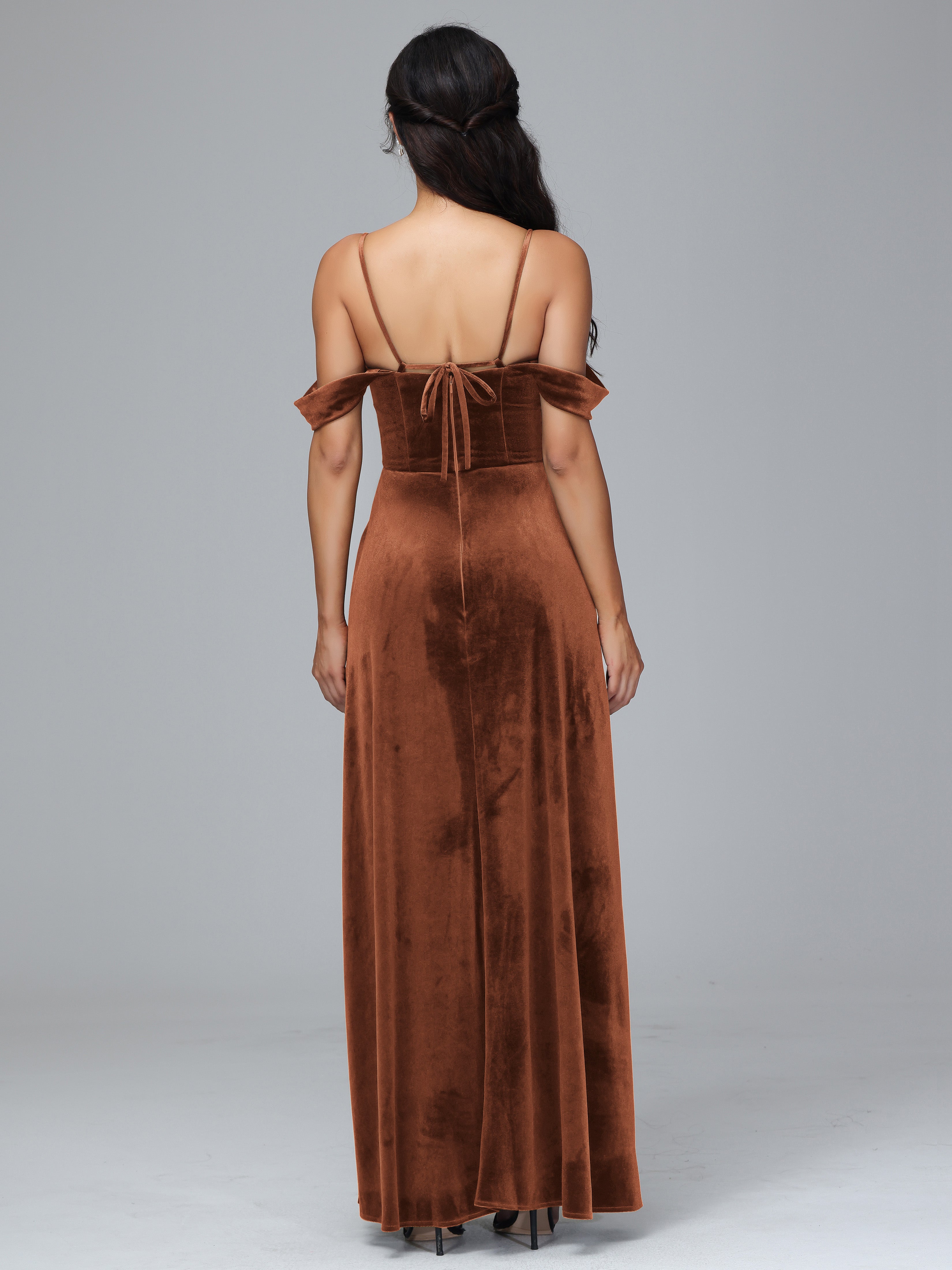Spaghetti Straps Off Shoulder Plus Size Velvet Bridesmaid Dress With Slit
