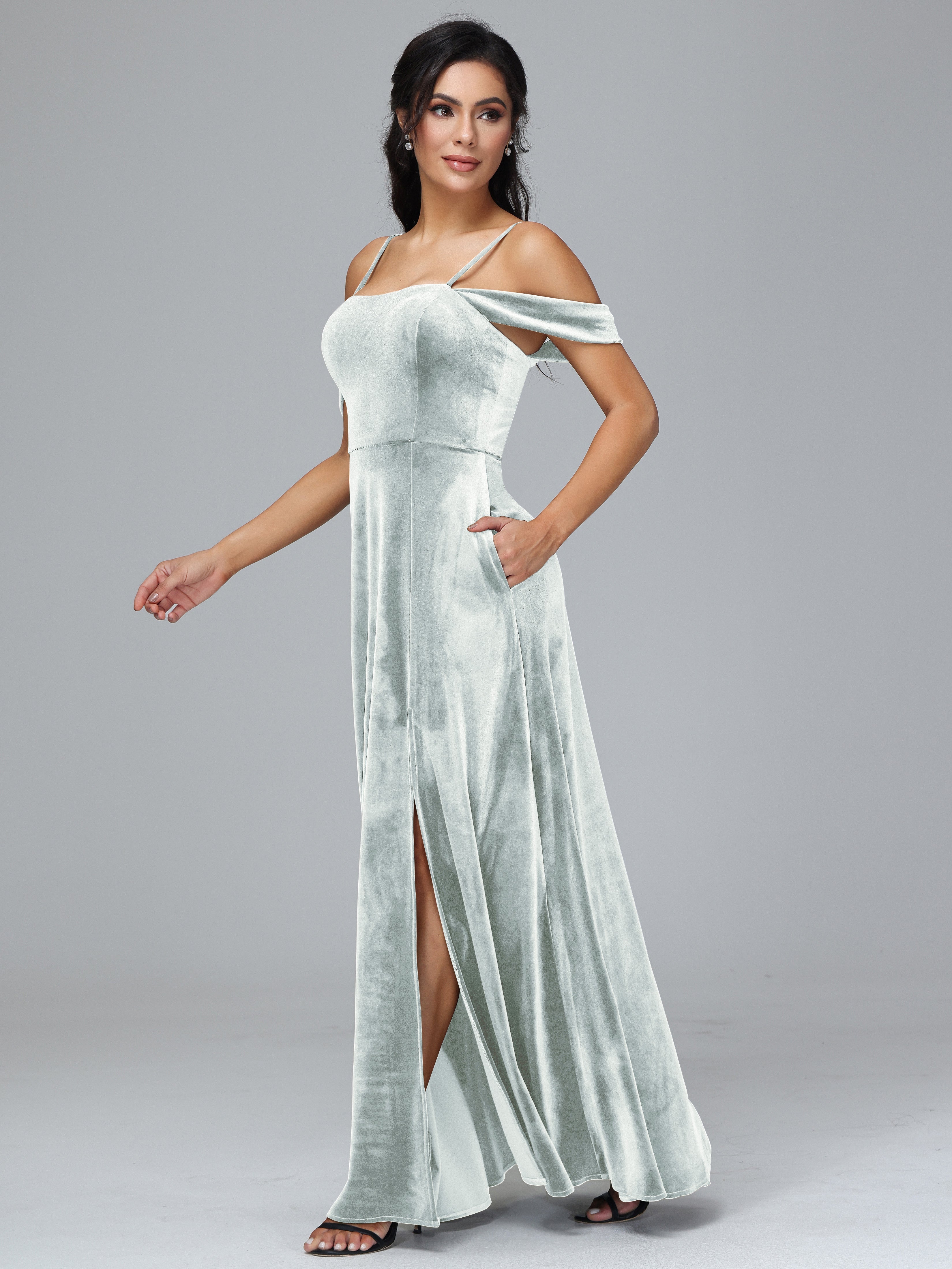 Spaghetti Straps Off Shoulder Plus Size Velvet Bridesmaid Dress With Slit