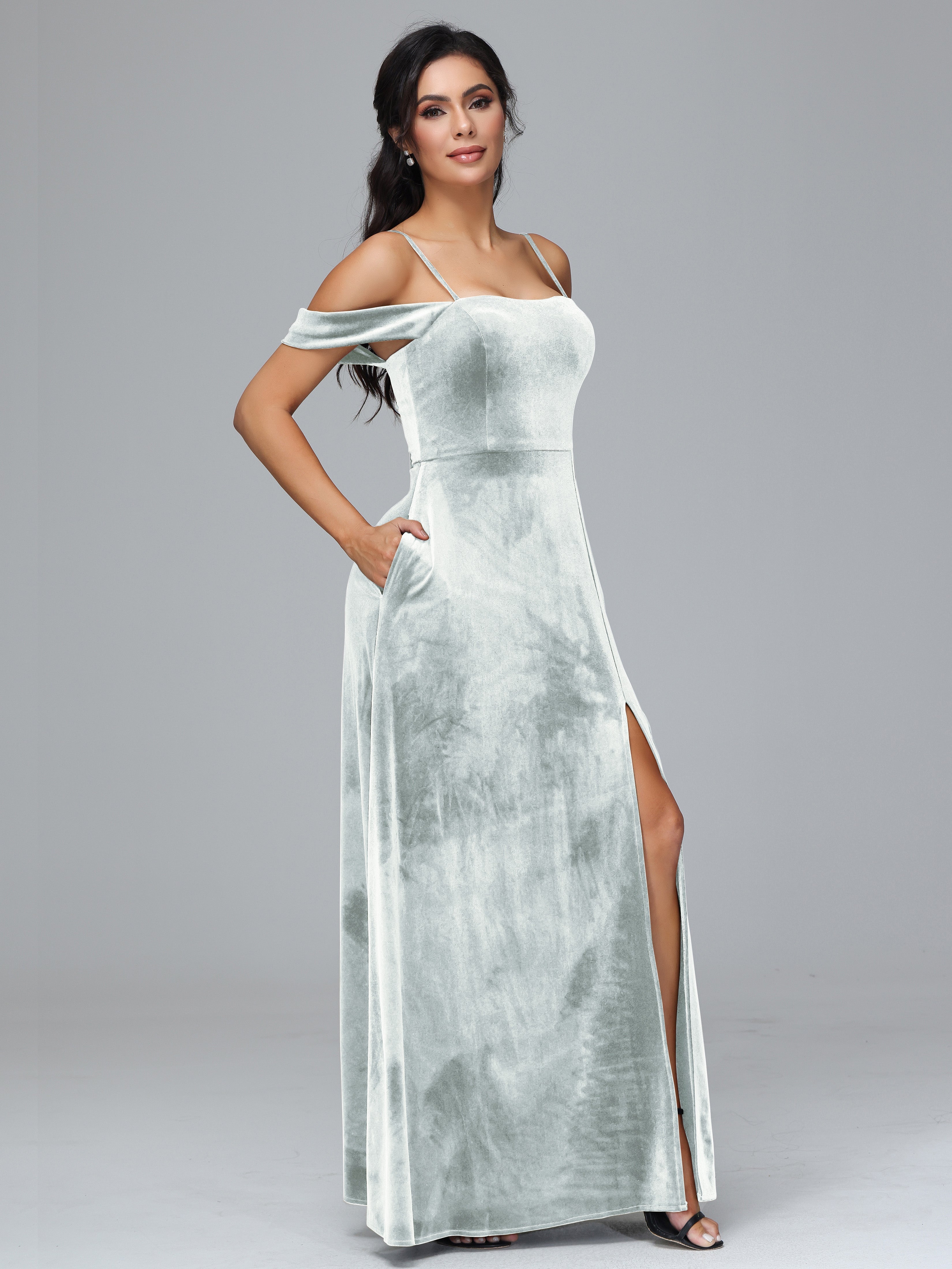 Spaghetti Straps Off Shoulder Plus Size Velvet Bridesmaid Dress With Slit