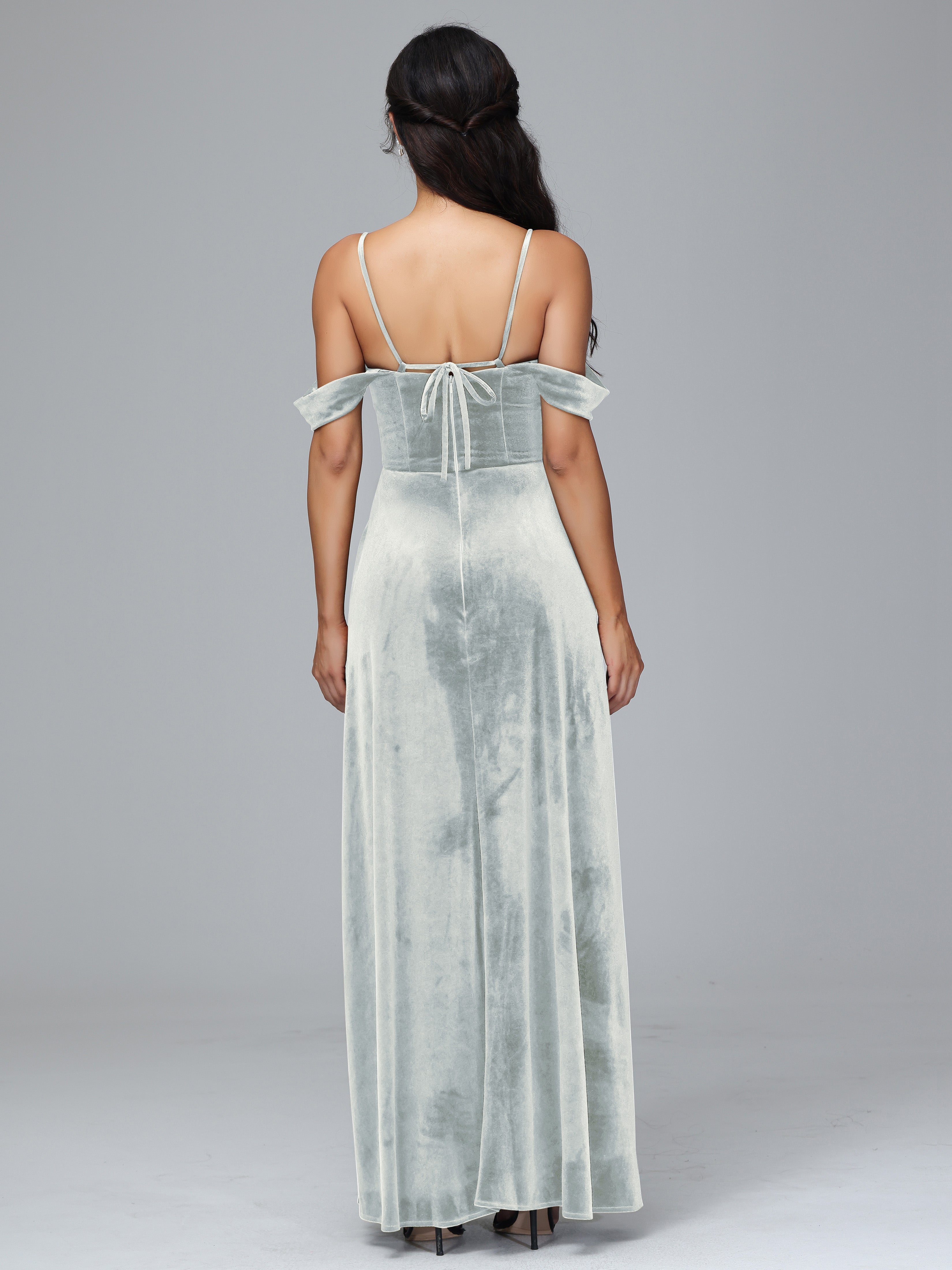 Spaghetti Straps Off Shoulder Plus Size Velvet Bridesmaid Dress With Slit