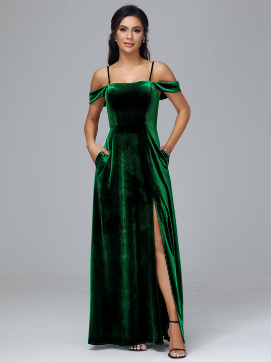 Spaghetti Straps Off Shoulder Plus Size Velvet Bridesmaid Dress With Slit