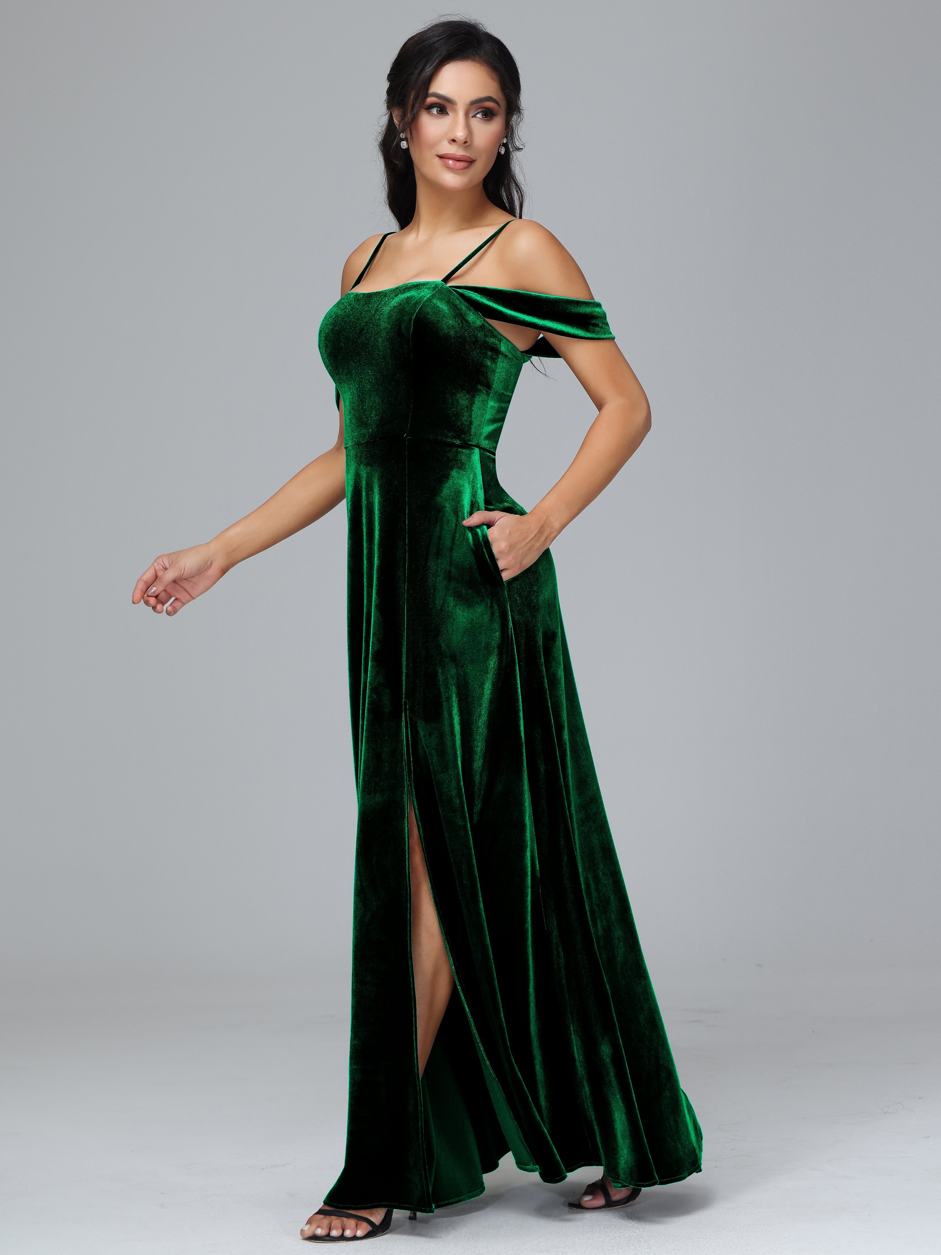 Spaghetti Straps Off Shoulder Plus Size Velvet Bridesmaid Dress With Slit