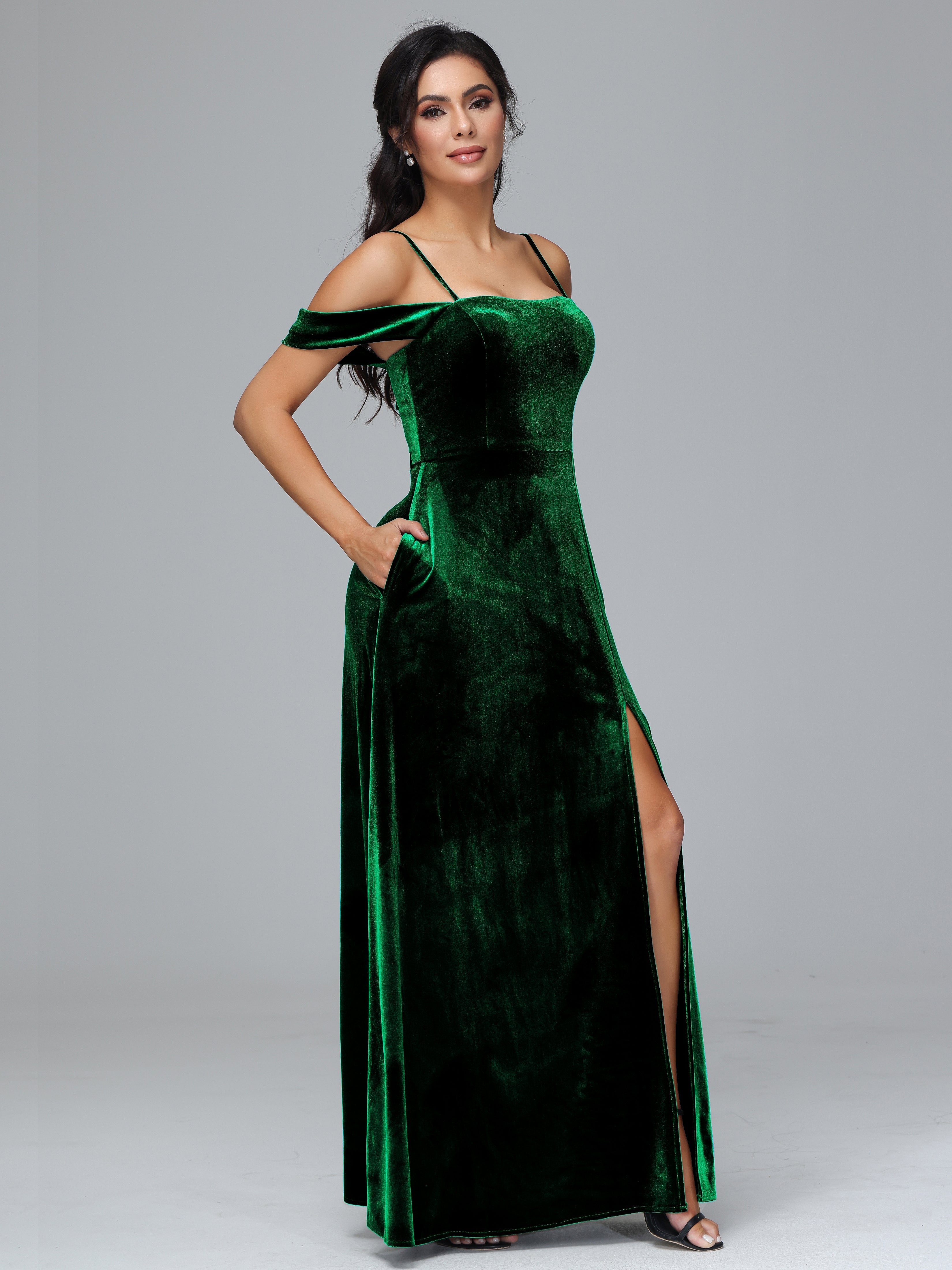 Spaghetti Straps Off Shoulder Plus Size Velvet Bridesmaid Dress With Slit