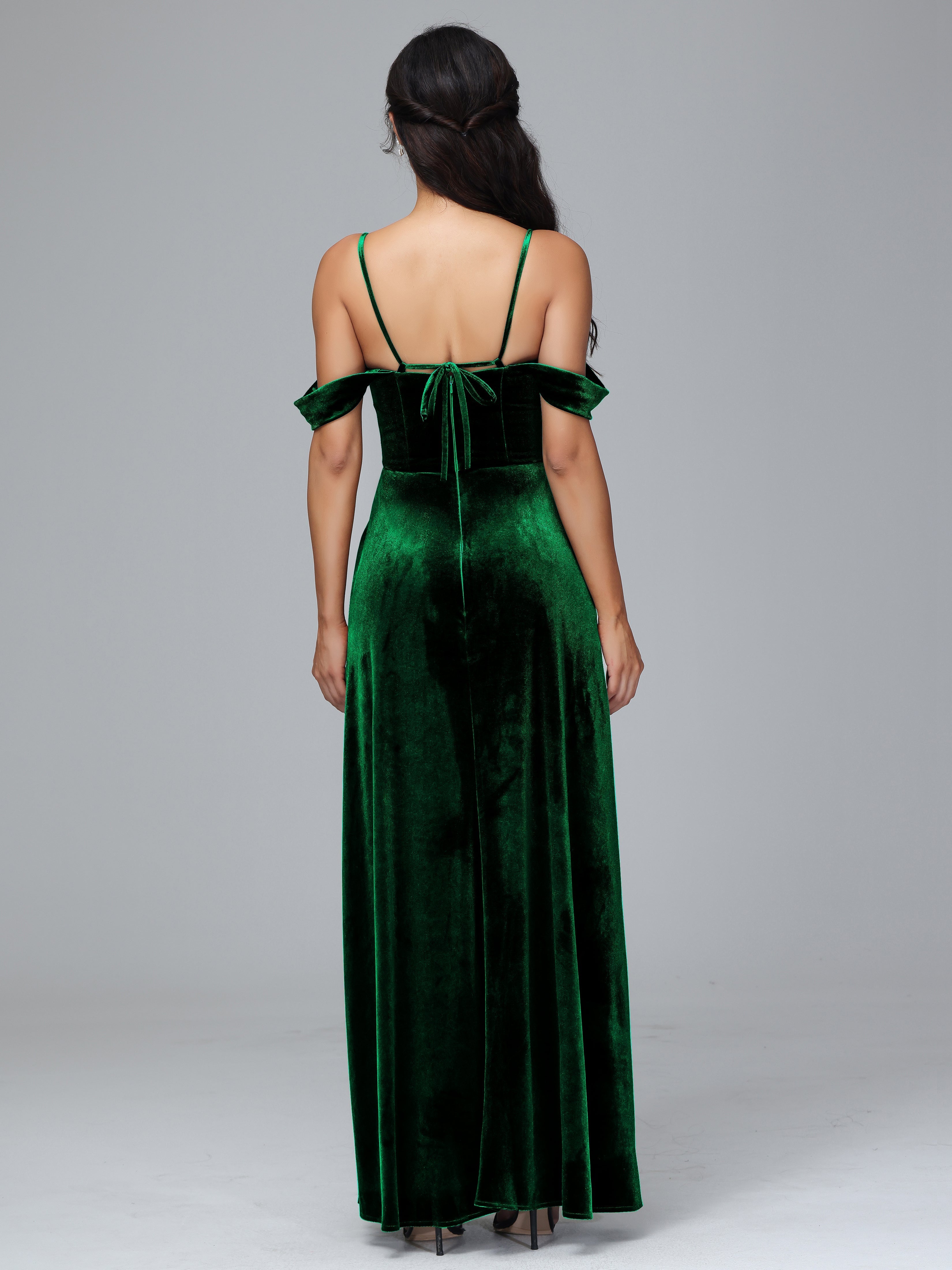 Spaghetti Straps Off Shoulder Plus Size Velvet Bridesmaid Dress With Slit