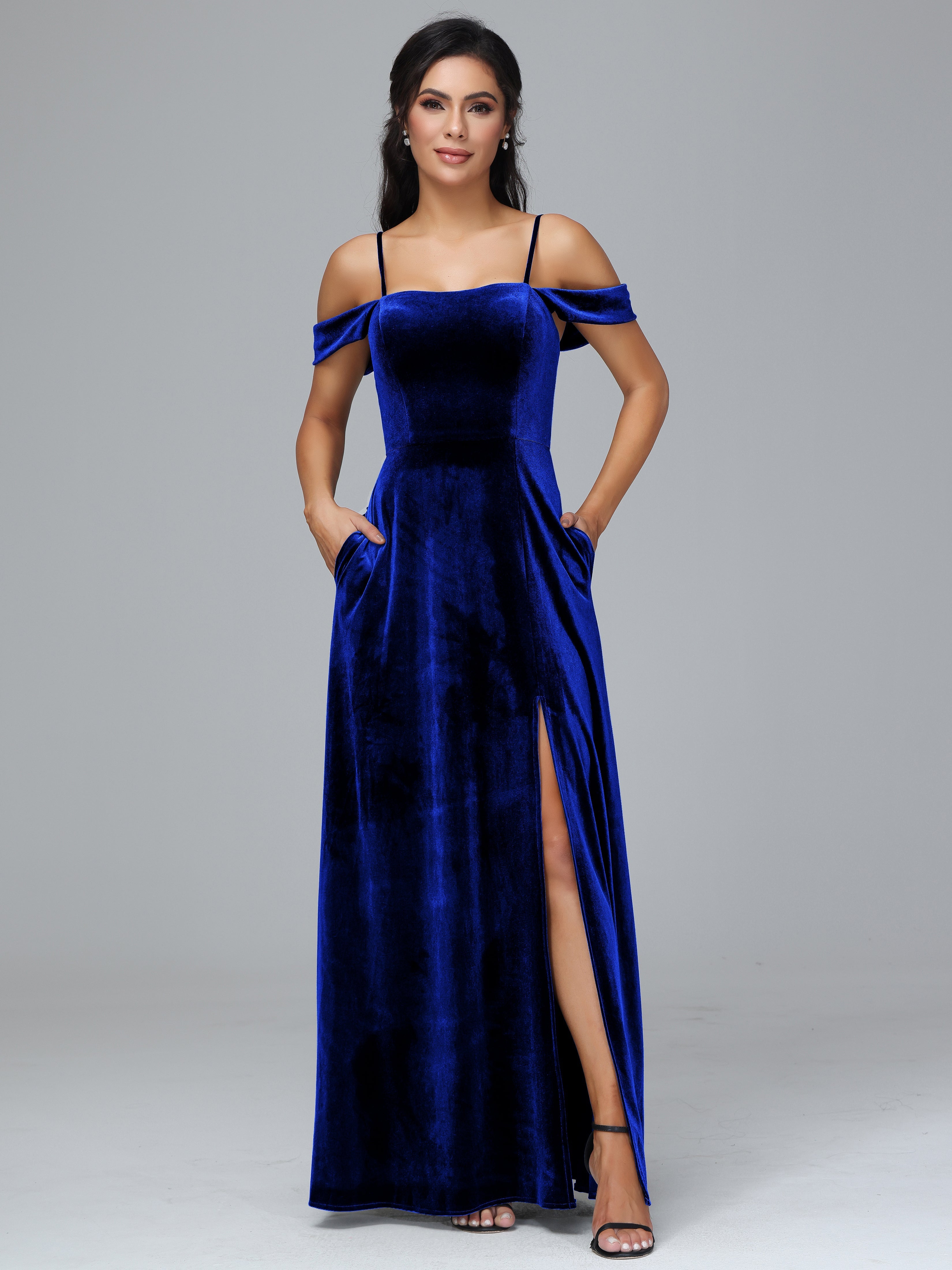 Spaghetti Straps Off Shoulder Plus Size Velvet Bridesmaid Dress With Slit