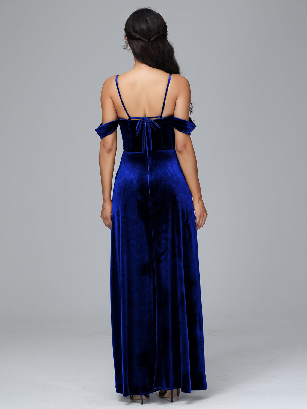Spaghetti Straps Off Shoulder Plus Size Velvet Bridesmaid Dress With Slit