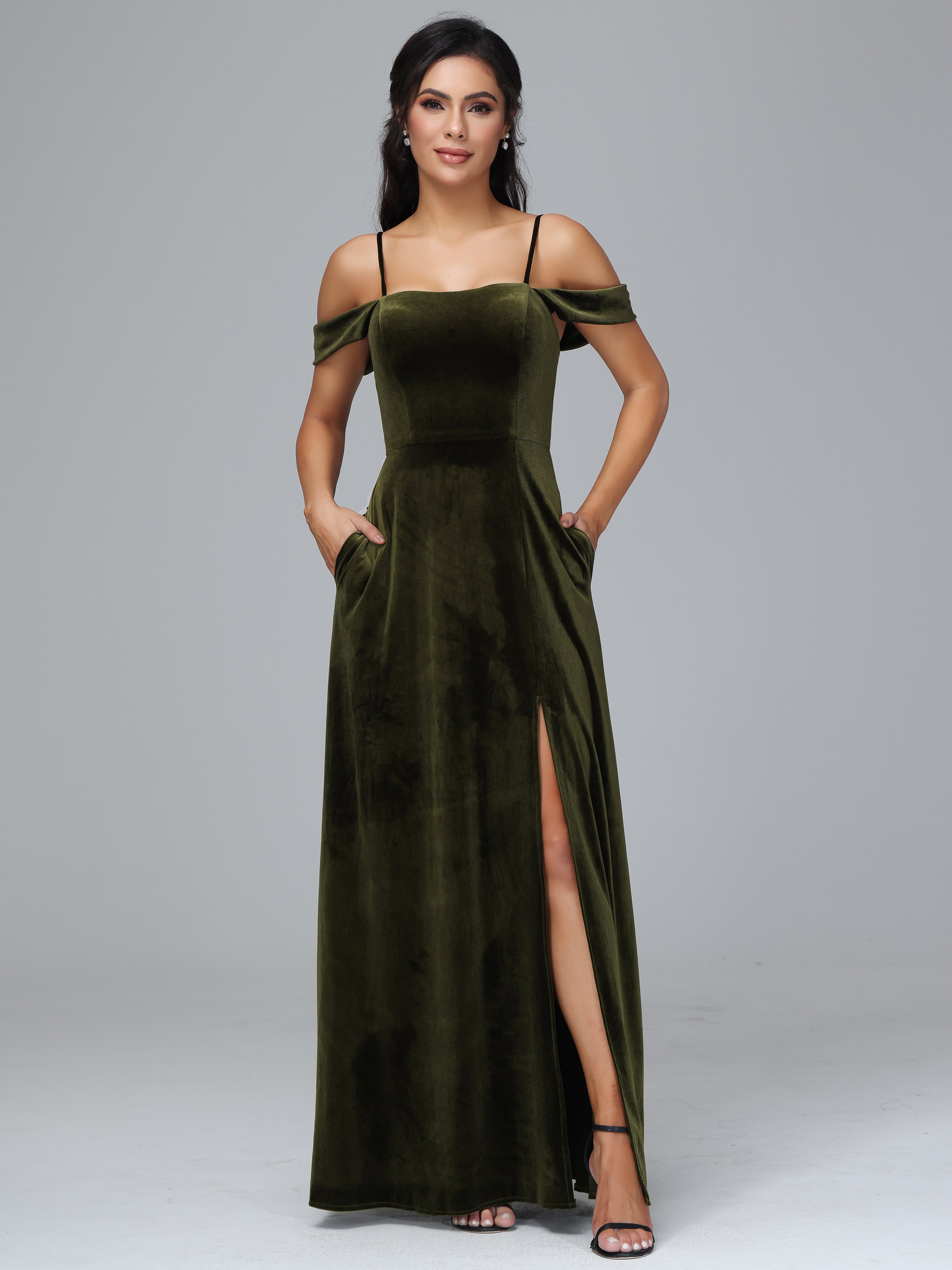 Spaghetti Straps Off Shoulder Plus Size Velvet Bridesmaid Dress With Slit