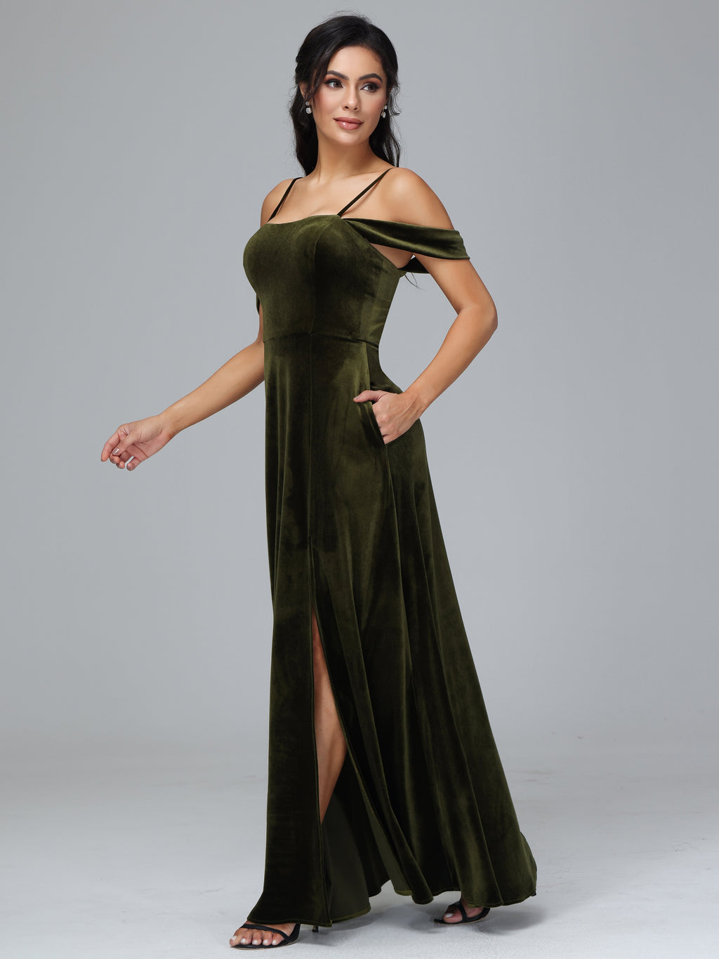 Spaghetti Straps Off Shoulder Plus Size Velvet Bridesmaid Dress With Slit