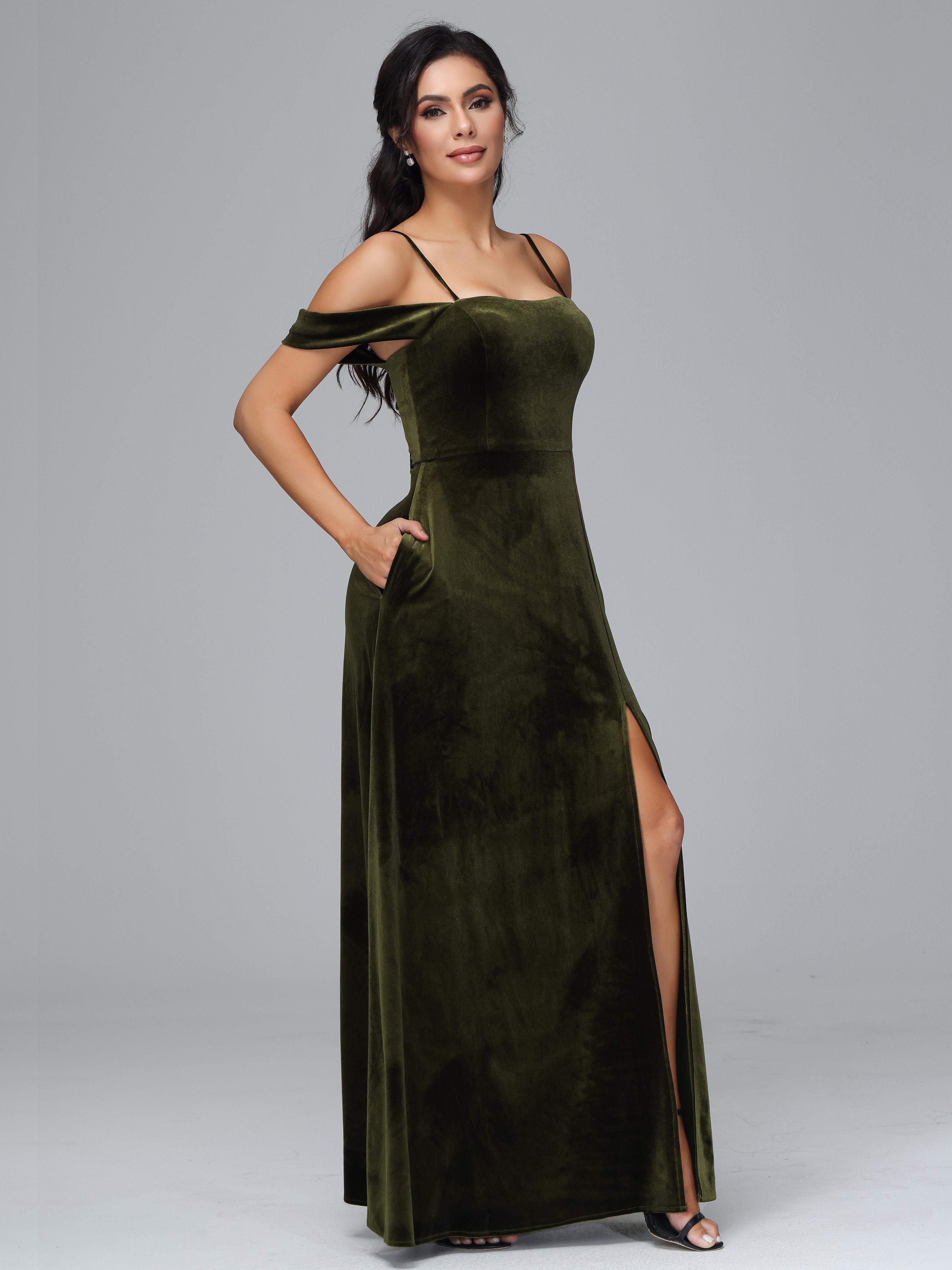 Spaghetti Straps Off Shoulder Plus Size Velvet Bridesmaid Dress With Slit
