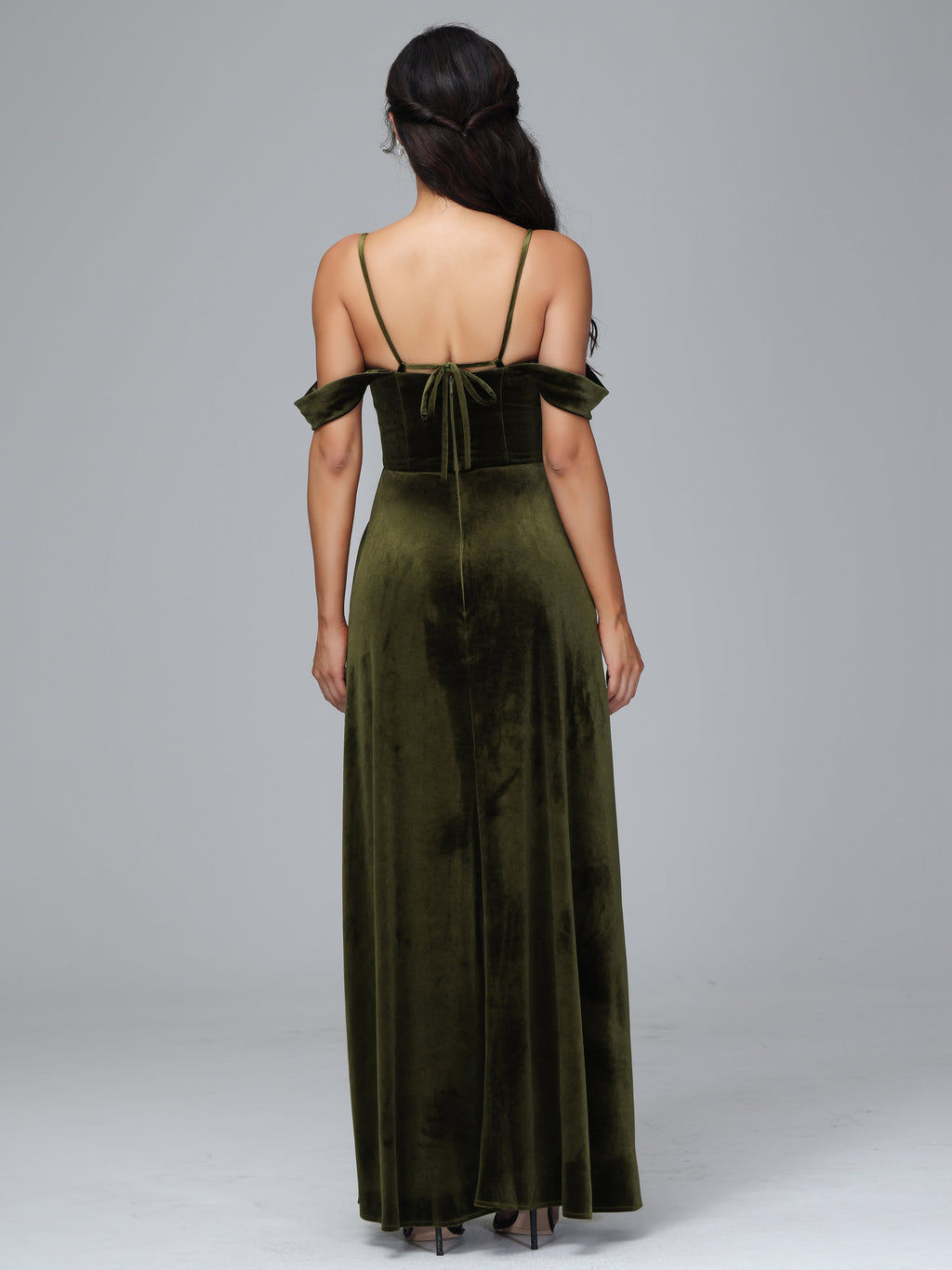 Spaghetti Straps Off Shoulder Plus Size Velvet Bridesmaid Dress With Slit