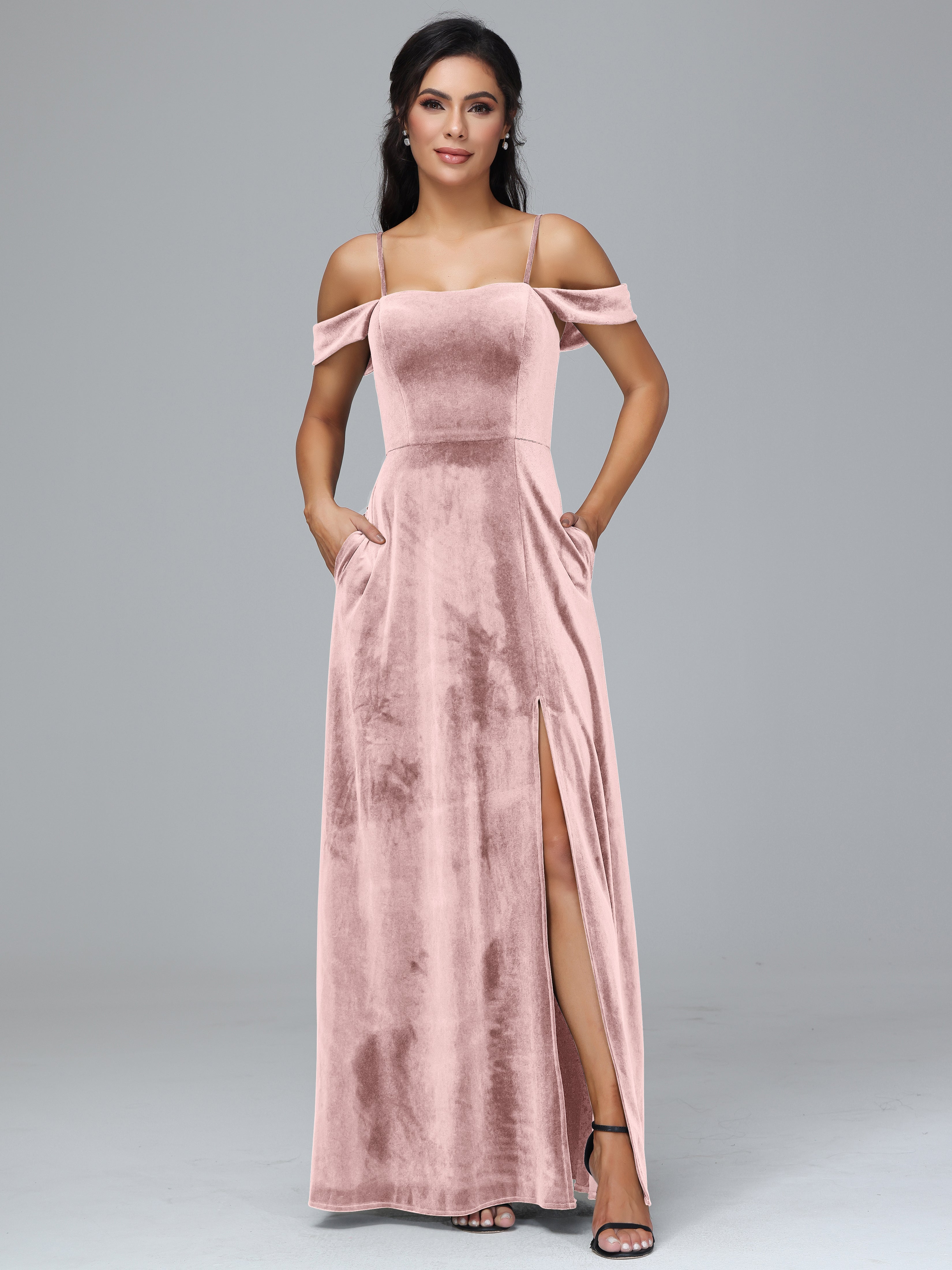 Spaghetti Straps Off Shoulder Plus Size Velvet Bridesmaid Dress With Slit