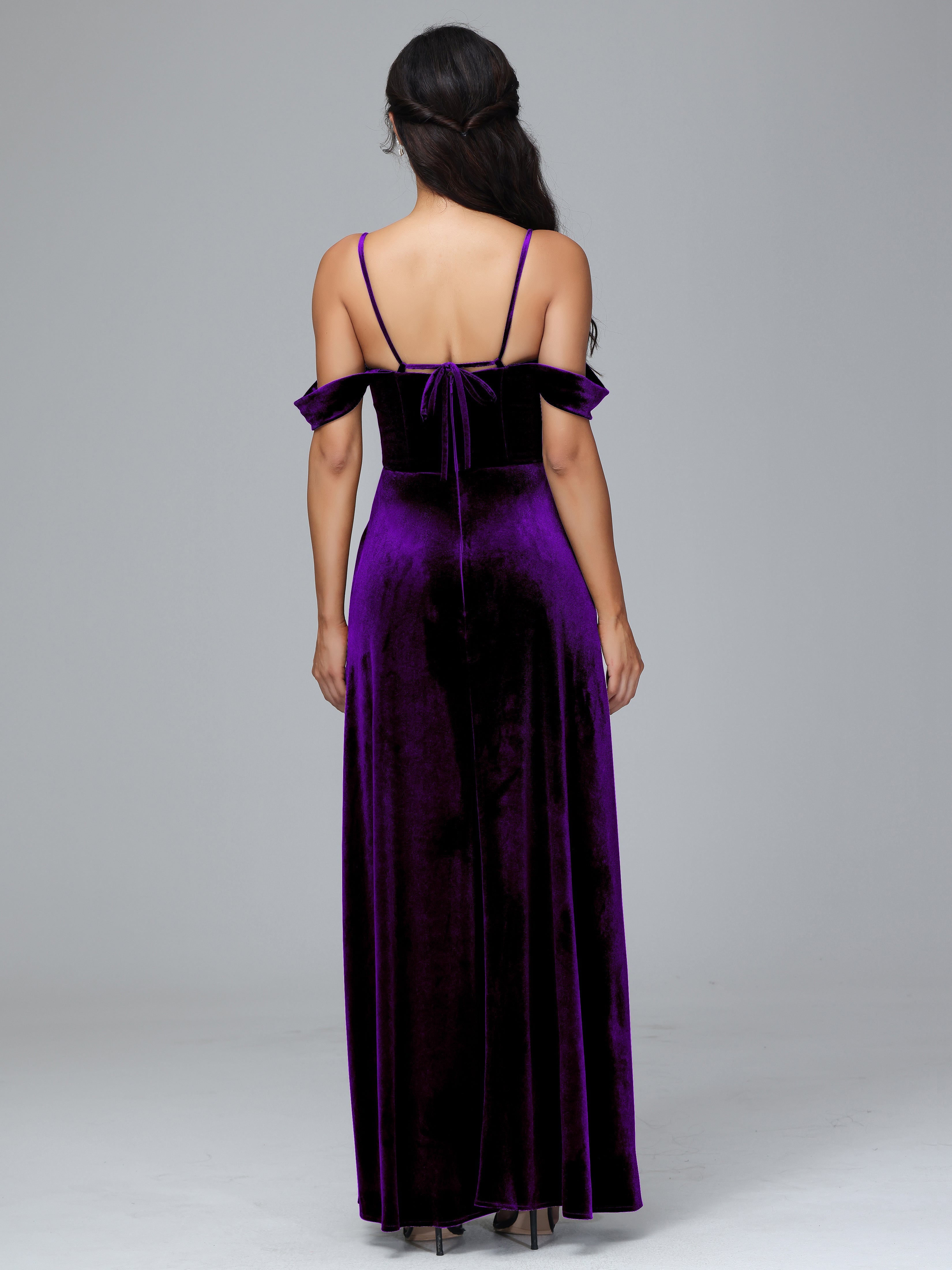 Spaghetti Straps Off Shoulder Plus Size Velvet Bridesmaid Dress With Slit