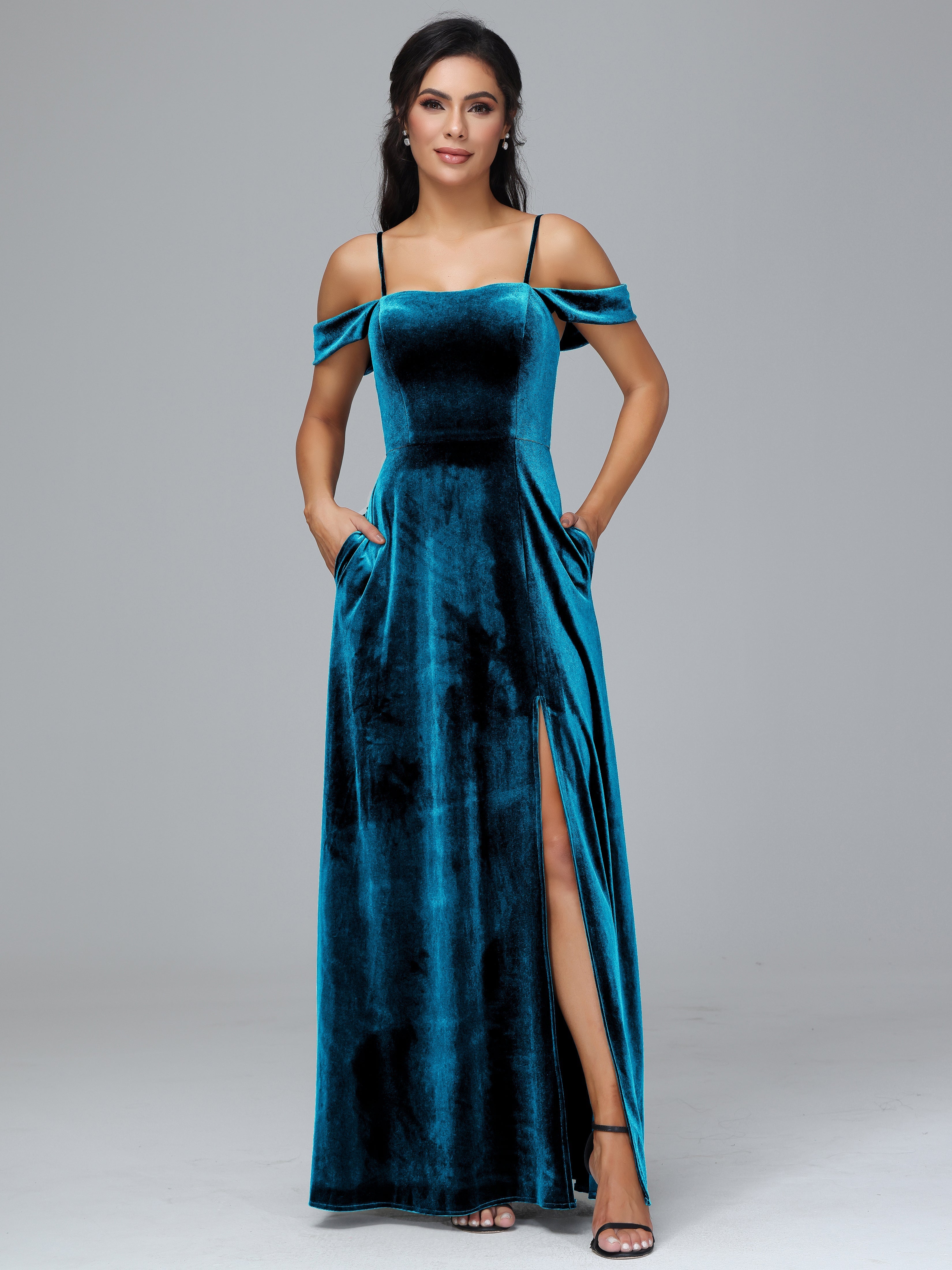 Spaghetti Straps Off Shoulder Plus Size Velvet Bridesmaid Dress With Slit