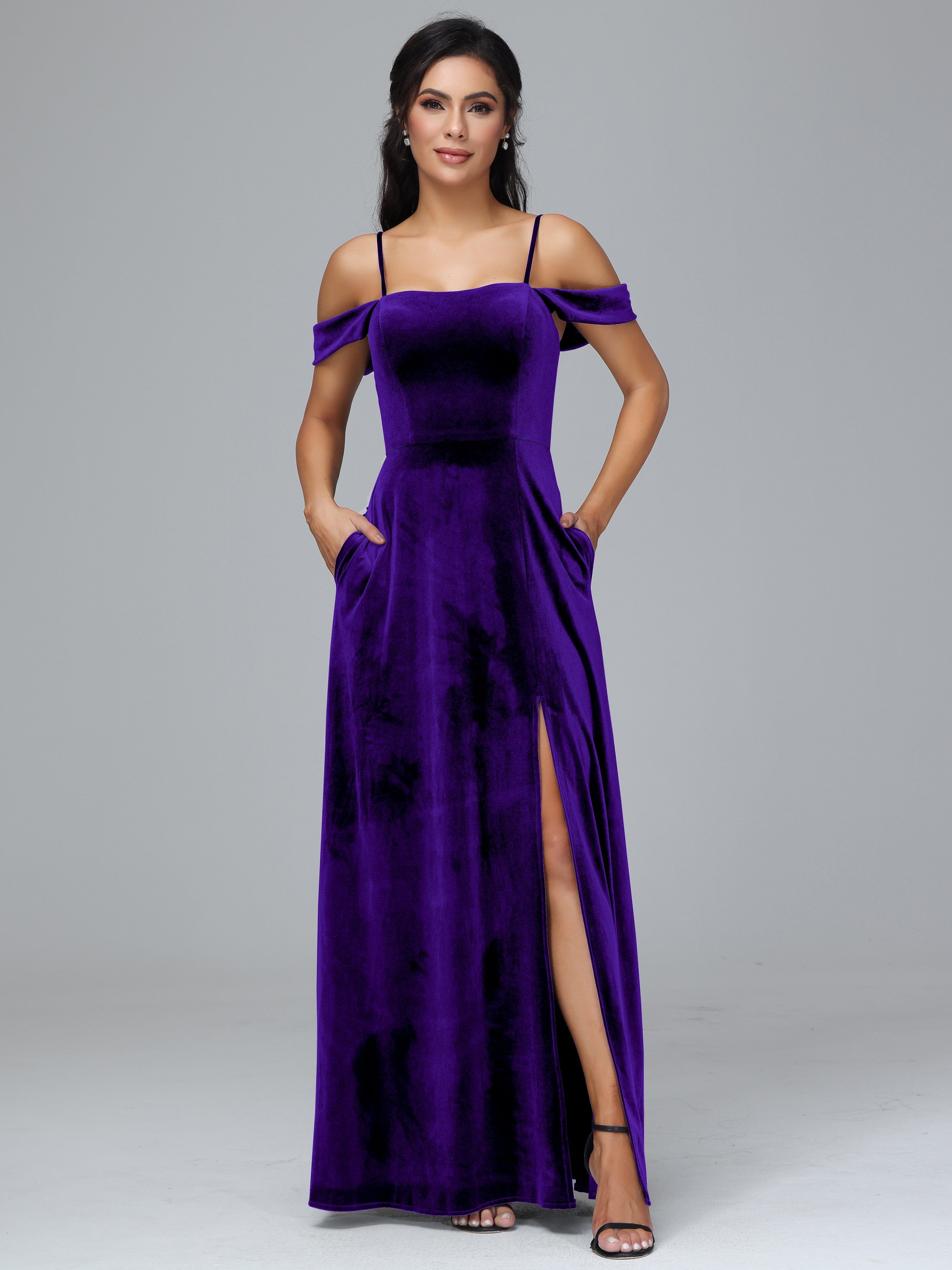 Spaghetti Straps Off Shoulder Plus Size Velvet Bridesmaid Dress With Slit