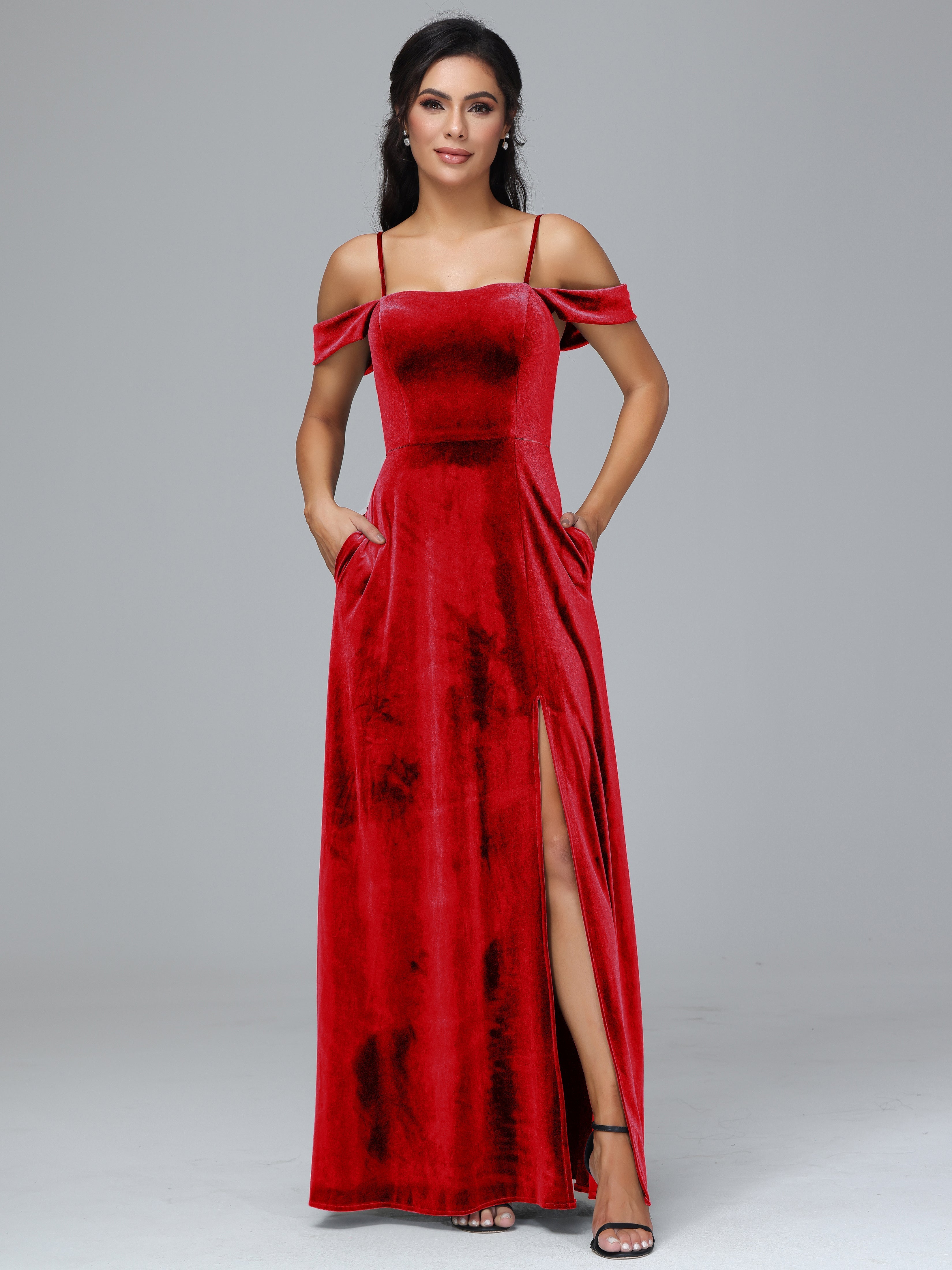 Spaghetti Straps Off Shoulder Plus Size Velvet Bridesmaid Dress With Slit