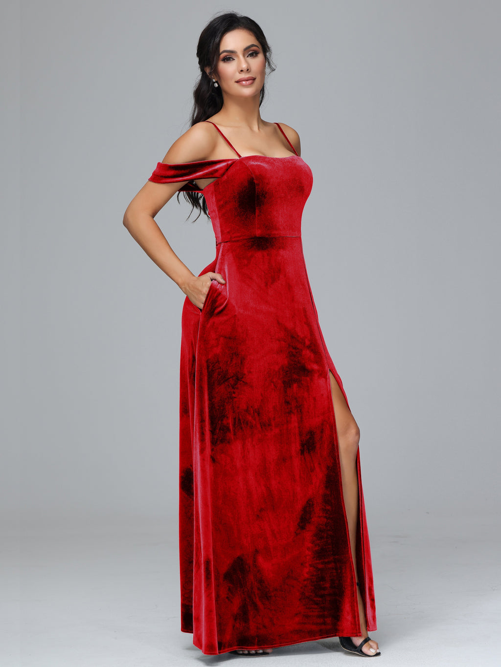 Spaghetti Straps Off Shoulder Plus Size Velvet Bridesmaid Dress With Slit