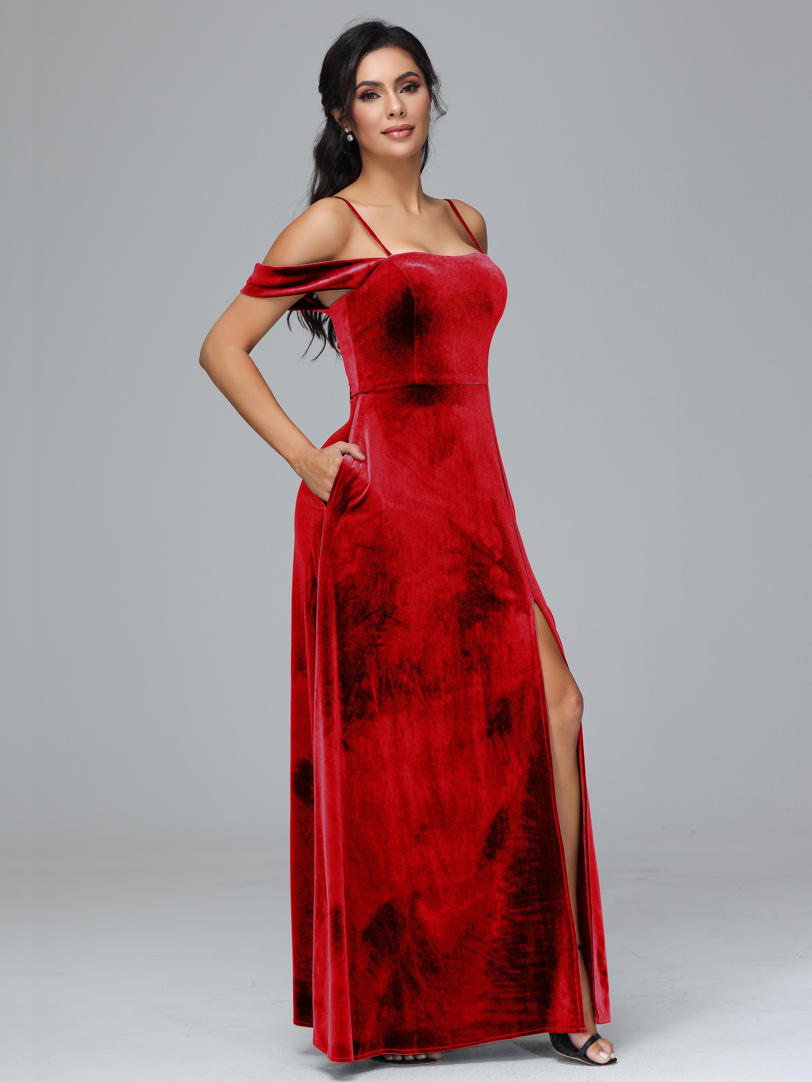 Spaghetti Straps Off Shoulder Plus Size Velvet Bridesmaid Dress With Slit