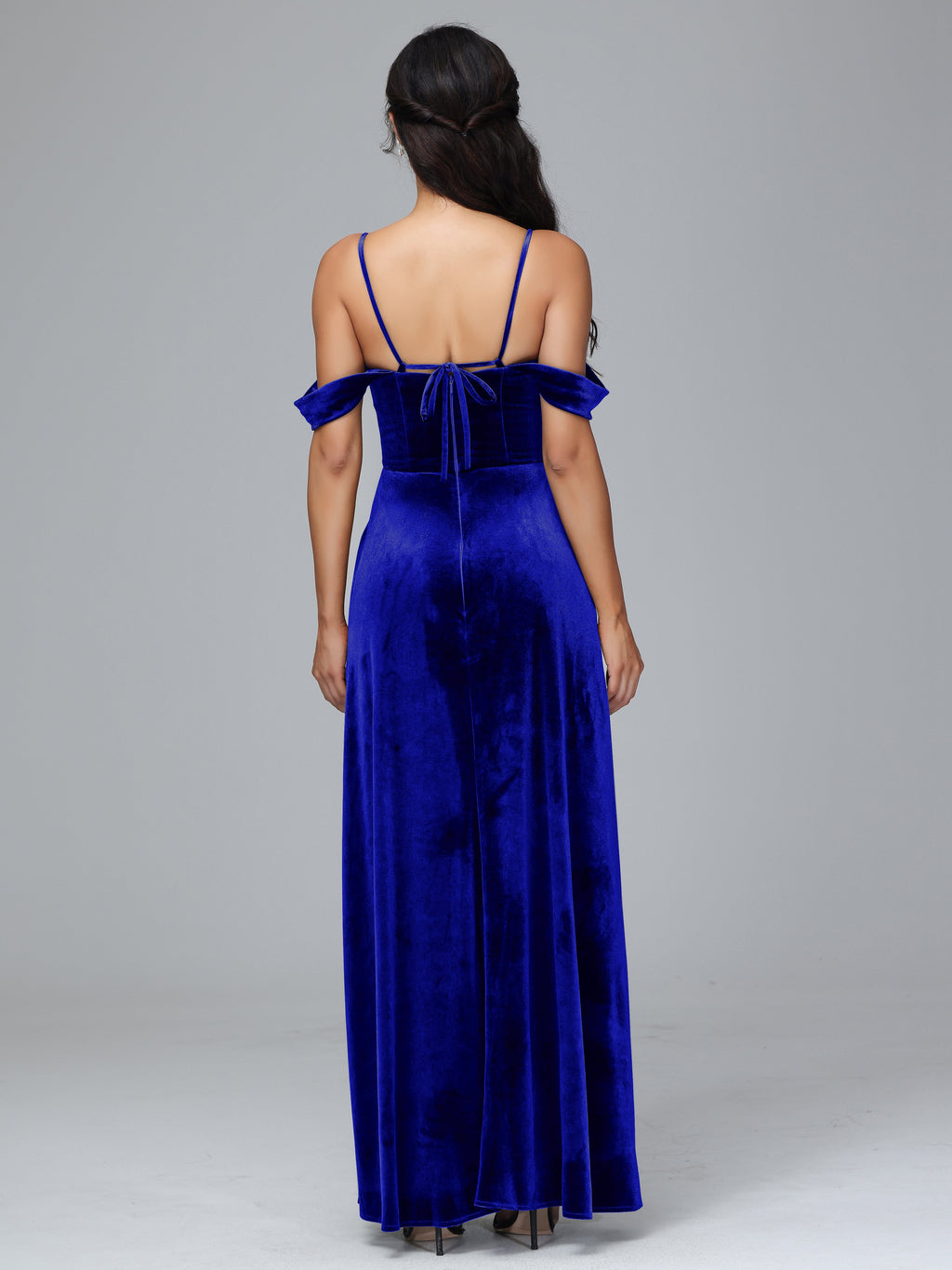 Spaghetti Straps Off Shoulder Plus Size Velvet Bridesmaid Dress With Slit