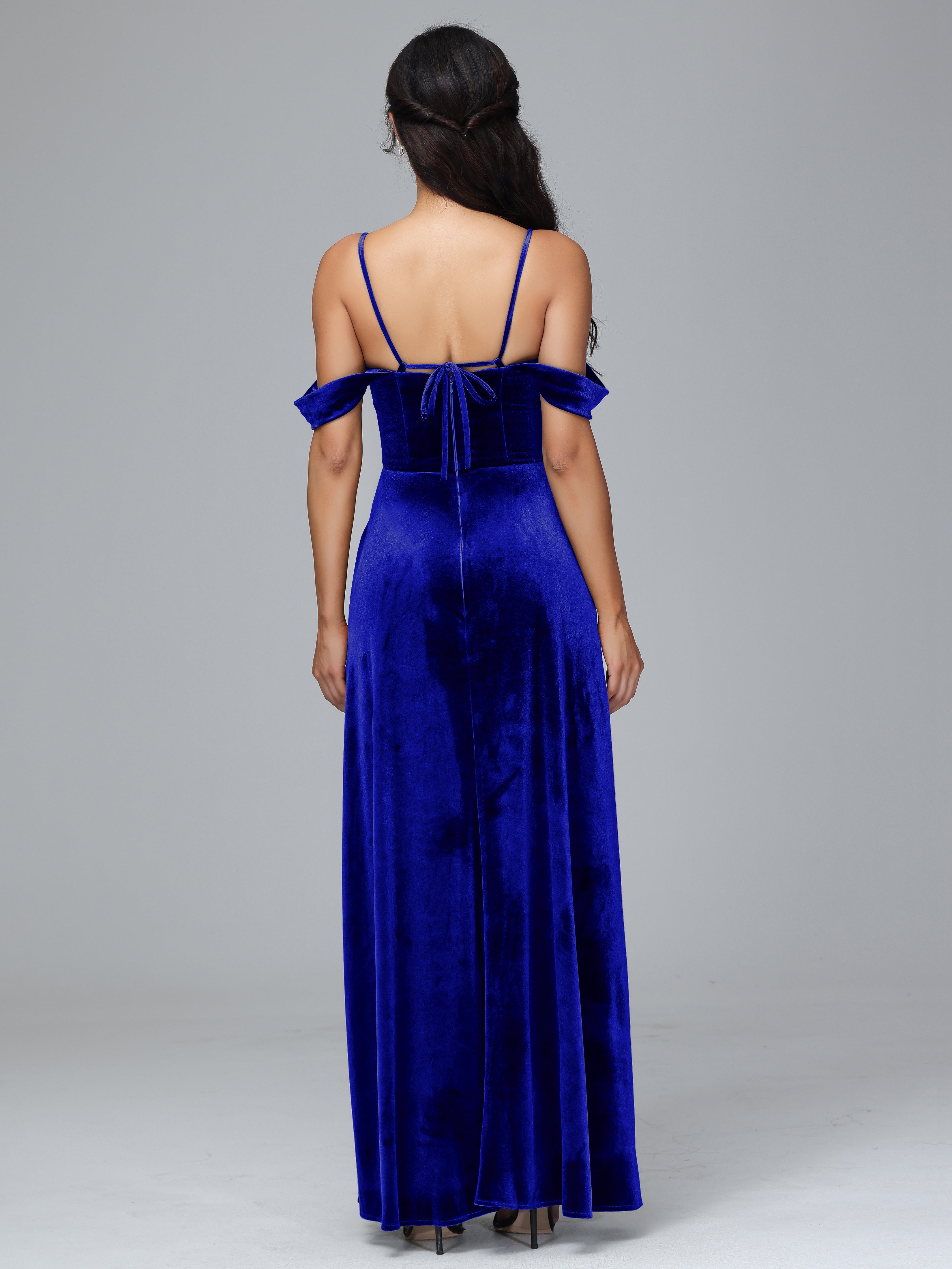 Spaghetti Straps Off Shoulder Plus Size Velvet Bridesmaid Dress With Slit