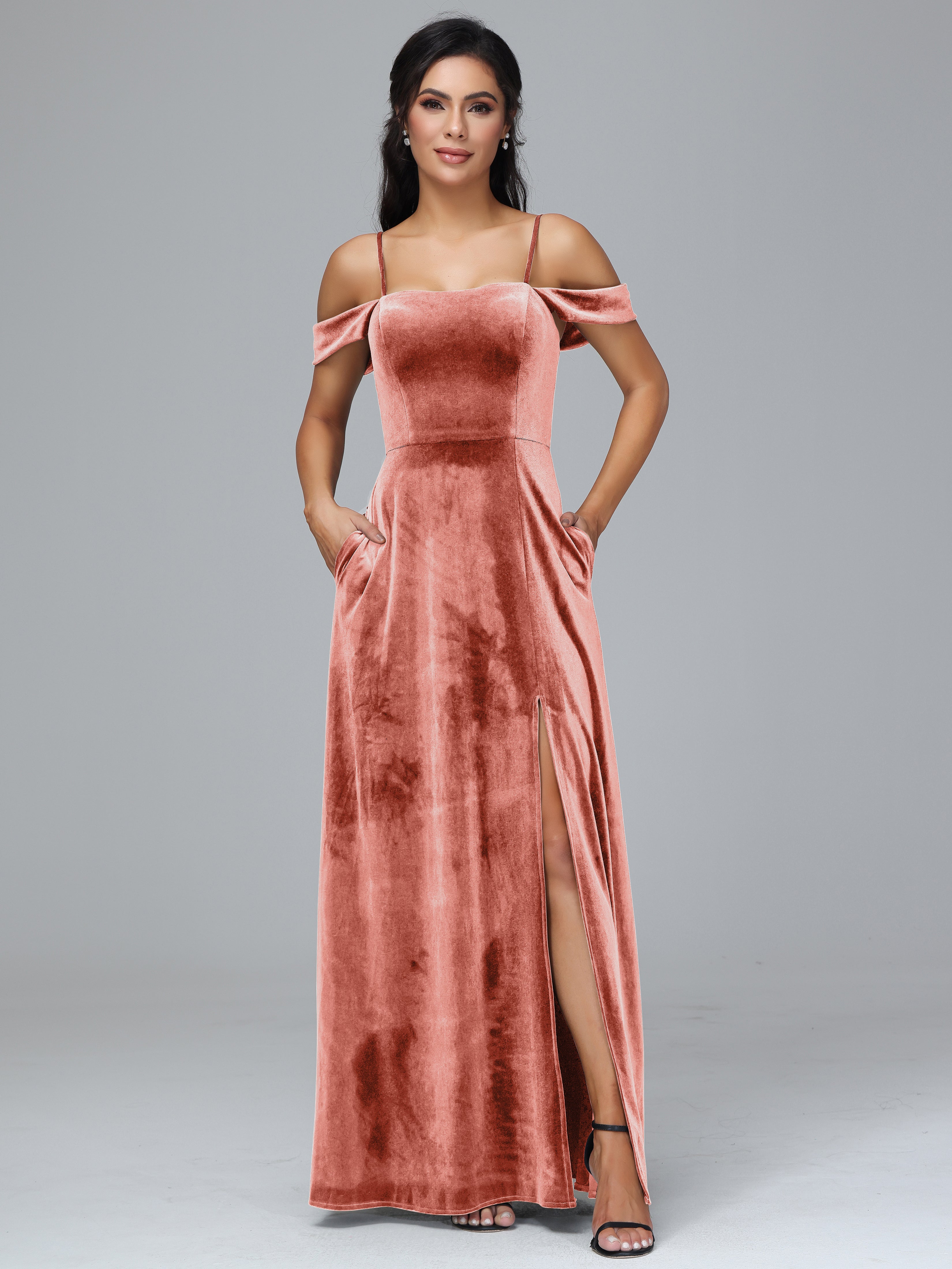 Spaghetti Straps Off Shoulder Plus Size Velvet Bridesmaid Dress With Slit