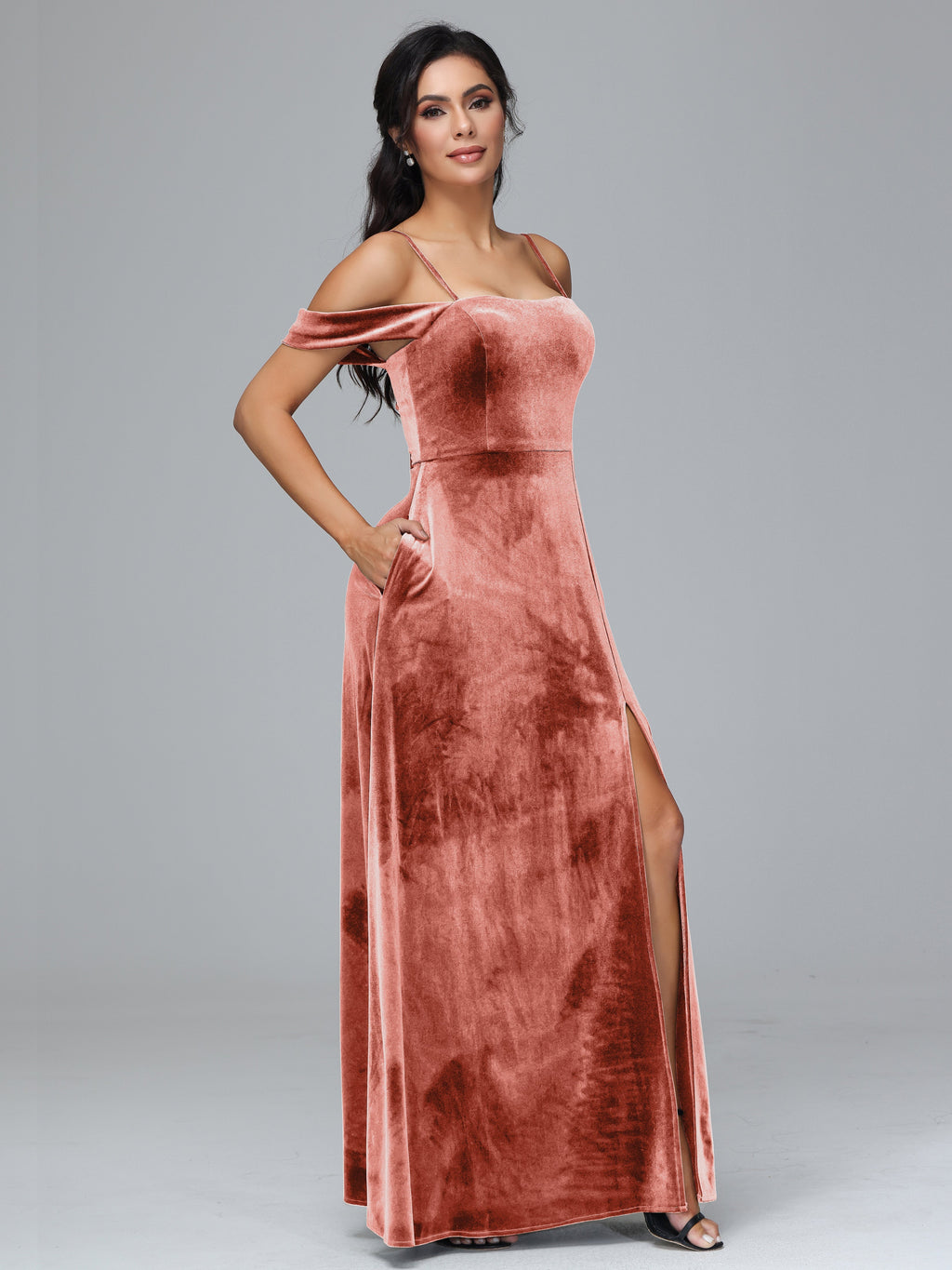 Spaghetti Straps Off Shoulder Plus Size Velvet Bridesmaid Dress With Slit