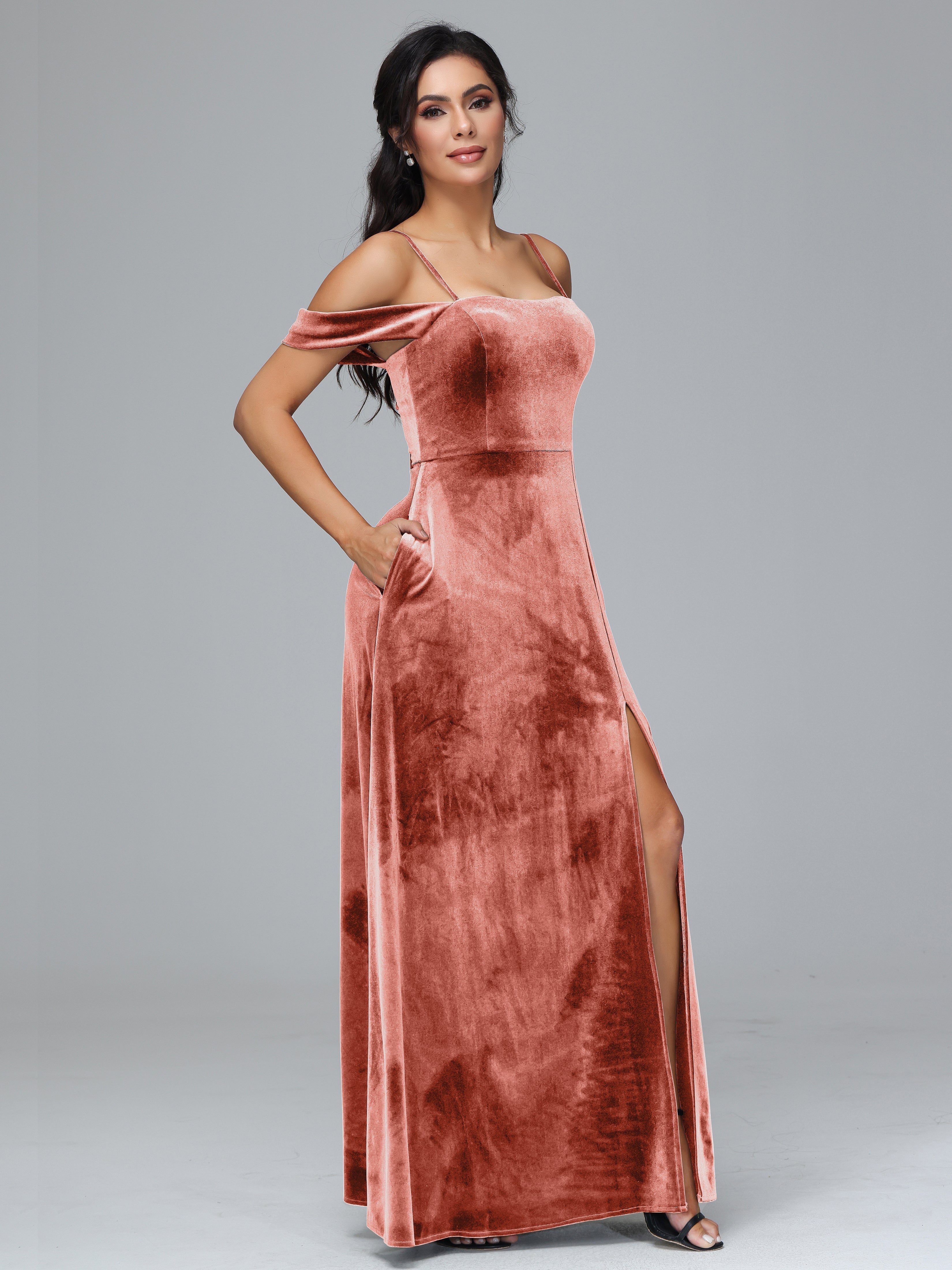 Spaghetti Straps Off Shoulder Plus Size Velvet Bridesmaid Dress With Slit