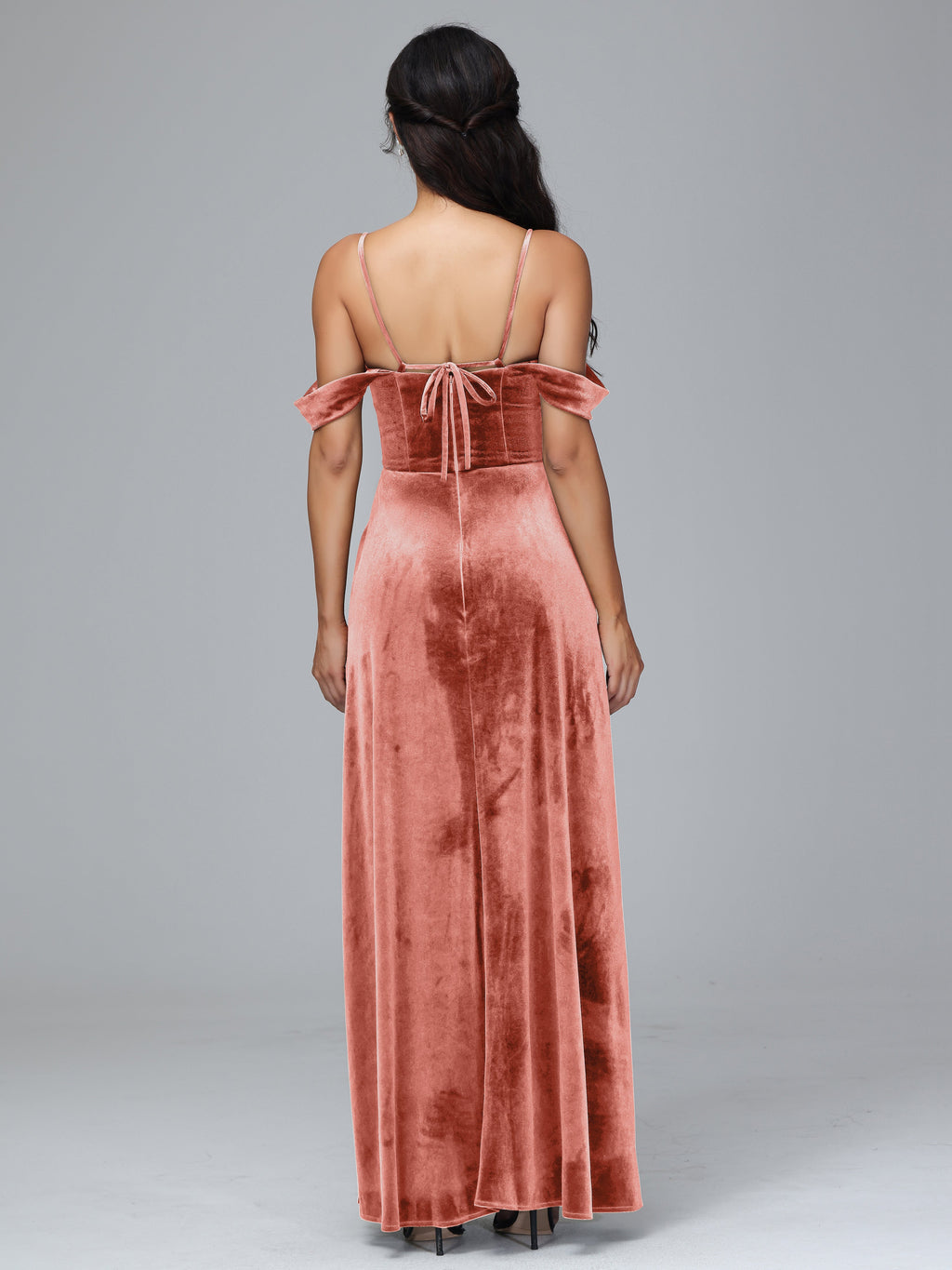 Spaghetti Straps Off Shoulder Plus Size Velvet Bridesmaid Dress With Slit