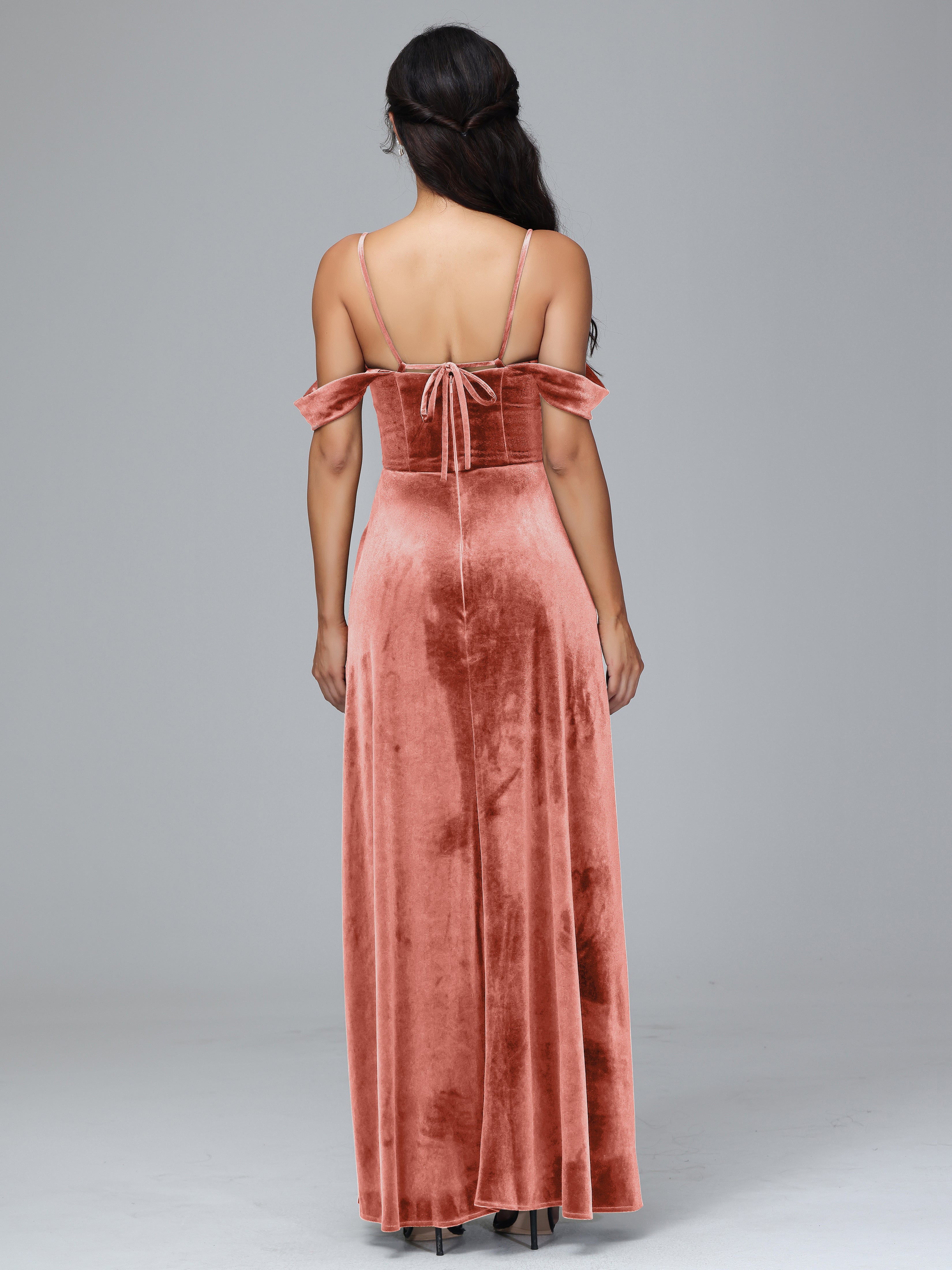 Spaghetti Straps Off Shoulder Plus Size Velvet Bridesmaid Dress With Slit