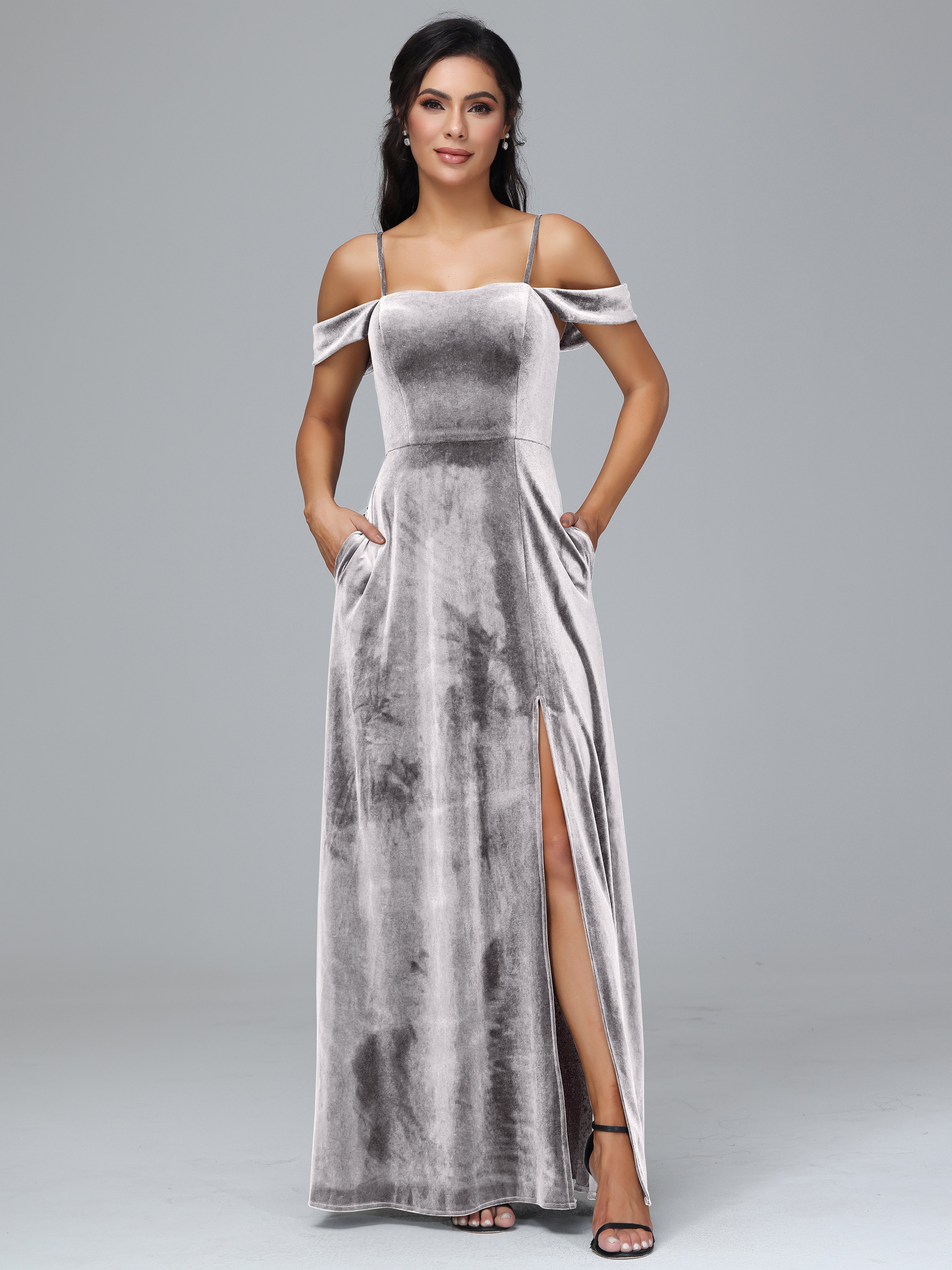 Spaghetti Straps Off Shoulder Plus Size Velvet Bridesmaid Dress With Slit