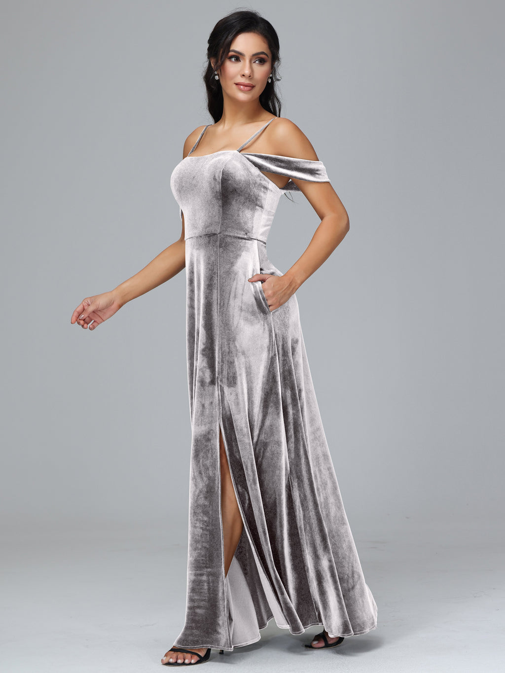 Spaghetti Straps Off Shoulder Plus Size Velvet Bridesmaid Dress With Slit