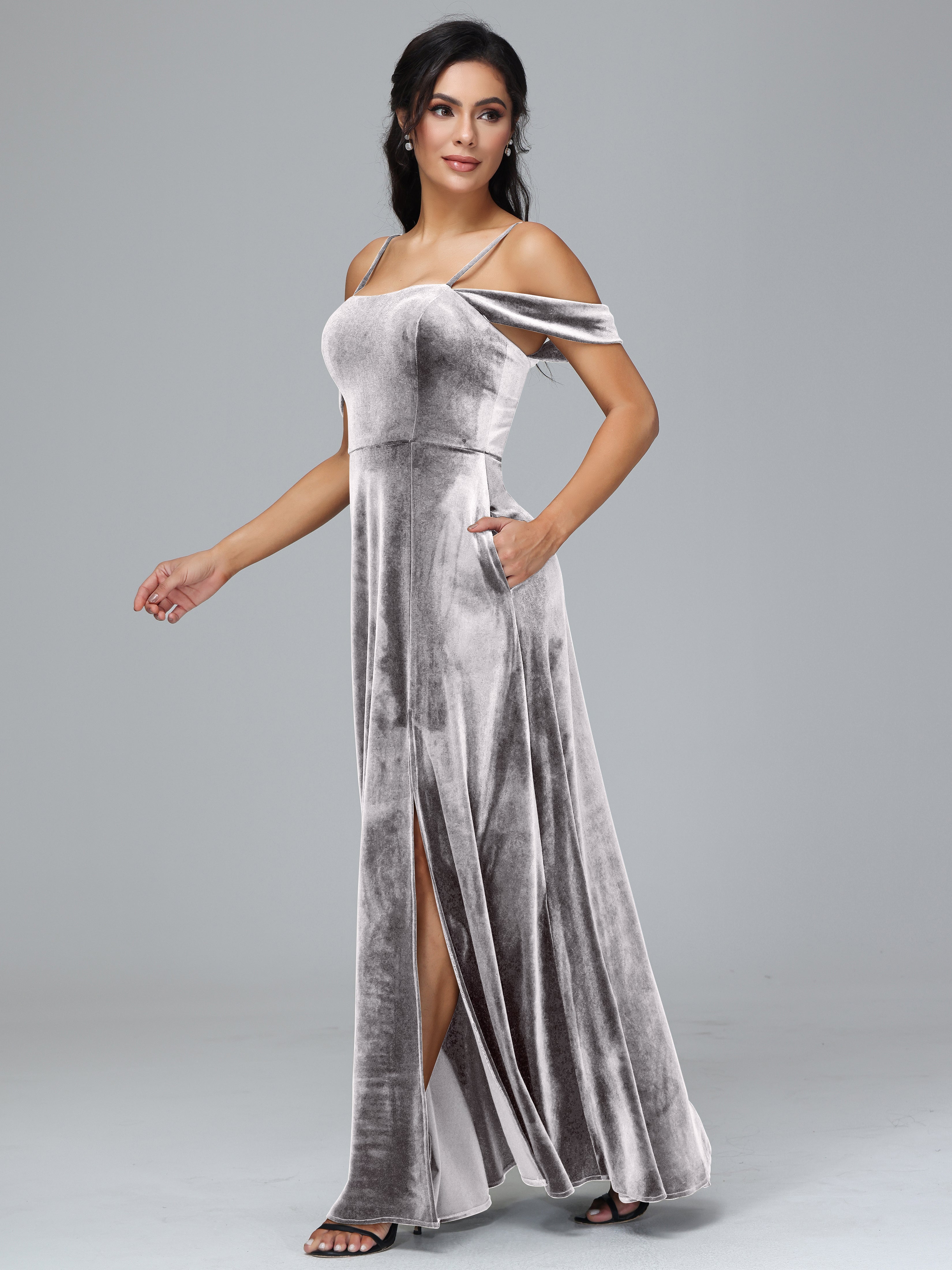 Spaghetti Straps Off Shoulder Plus Size Velvet Bridesmaid Dress With Slit