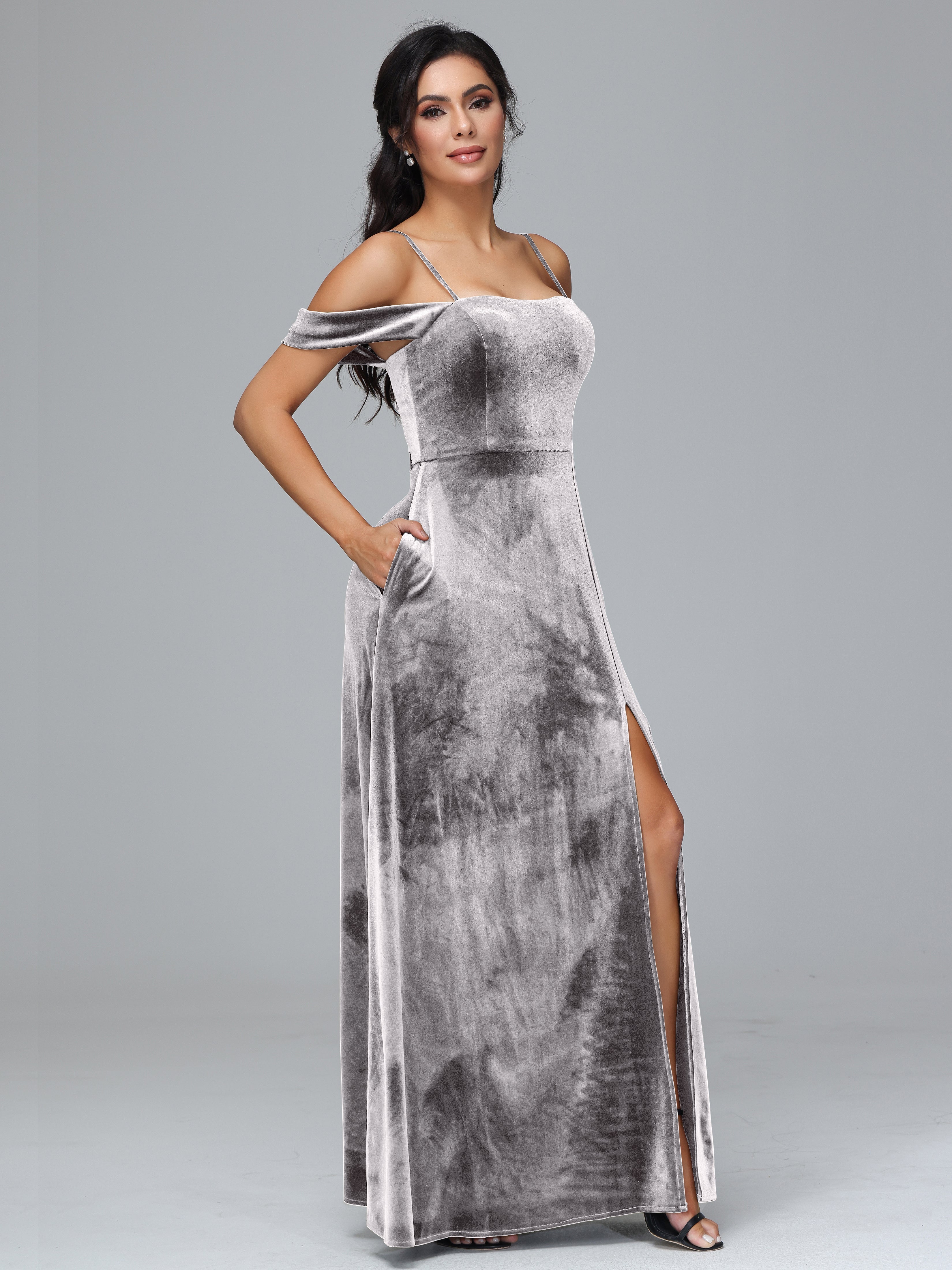 Spaghetti Straps Off Shoulder Plus Size Velvet Bridesmaid Dress With Slit