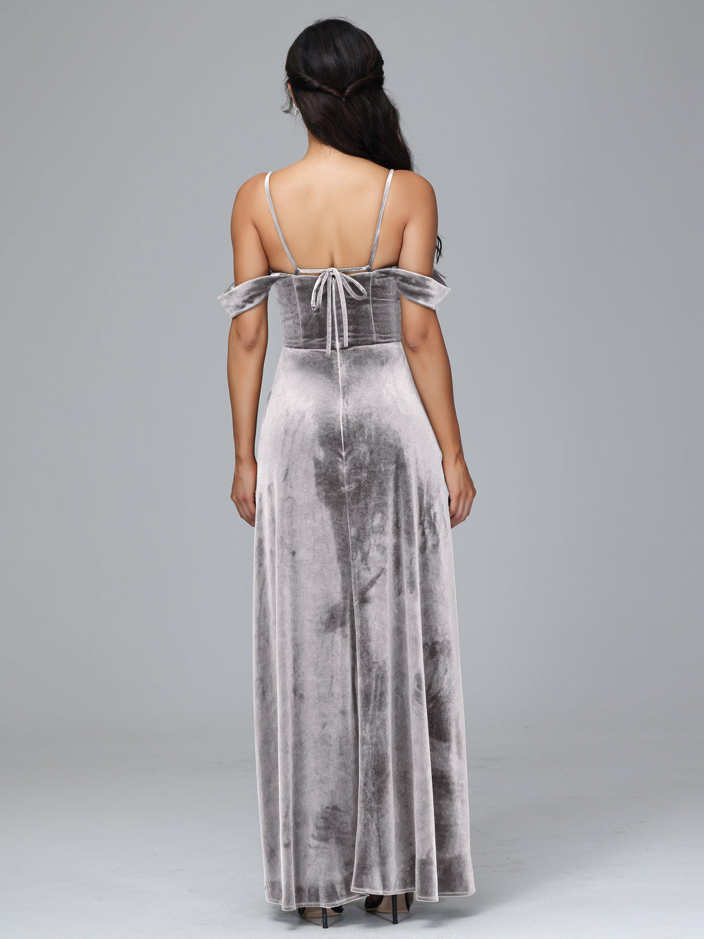 Spaghetti Straps Off Shoulder Plus Size Velvet Bridesmaid Dress With Slit
