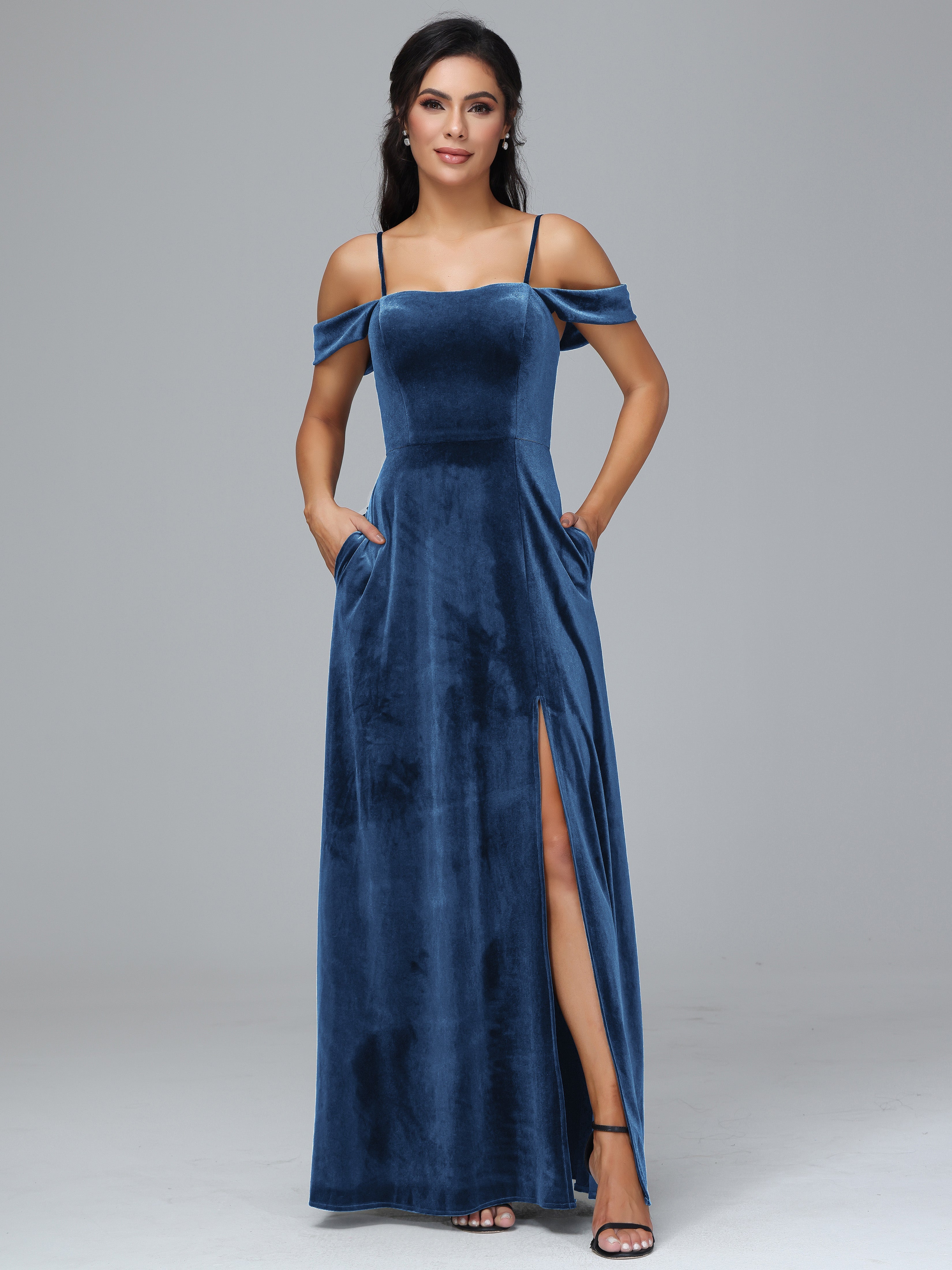 Spaghetti Straps Off Shoulder Plus Size Velvet Bridesmaid Dress With Slit