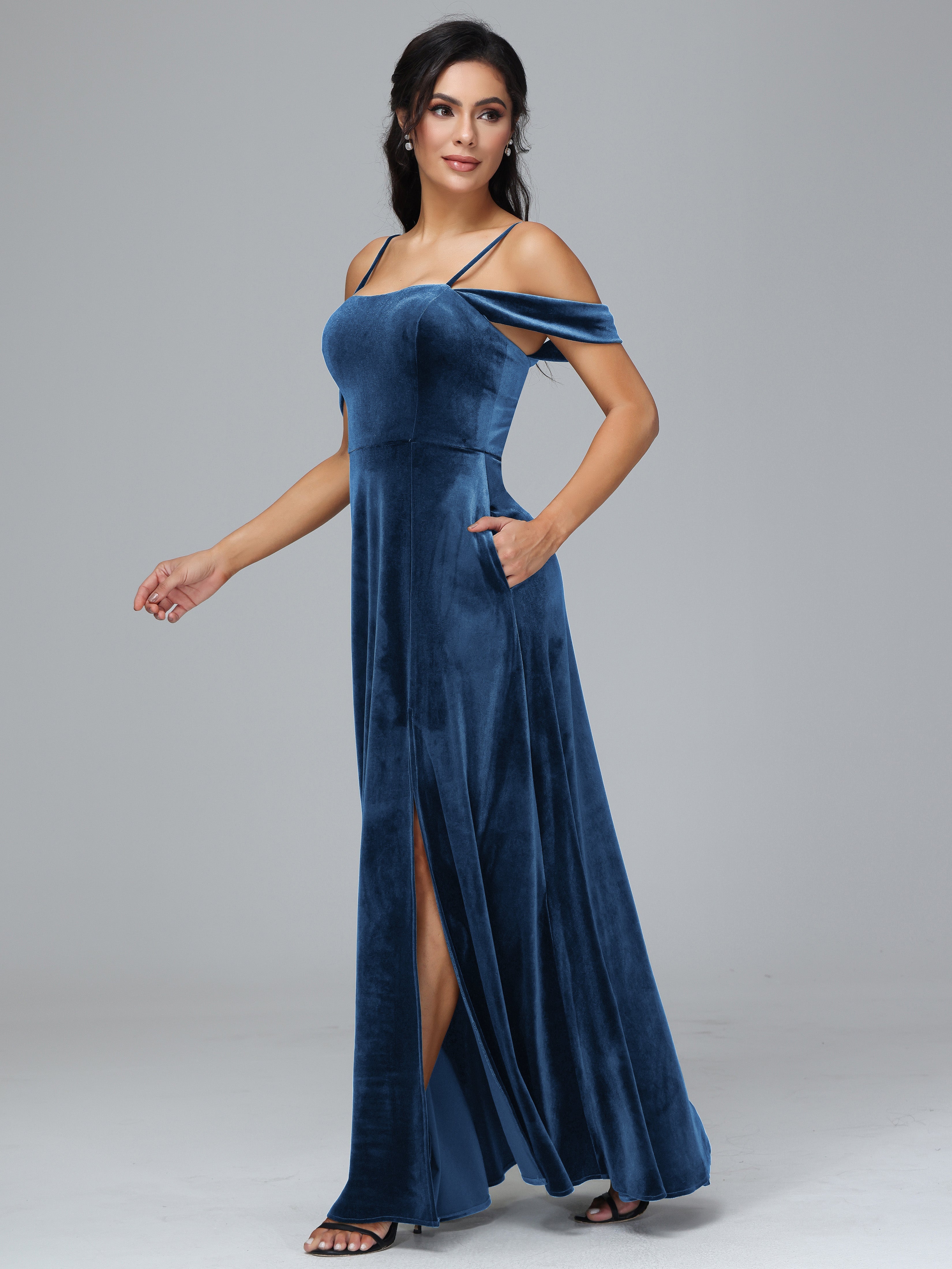 Spaghetti Straps Off Shoulder Plus Size Velvet Bridesmaid Dress With Slit