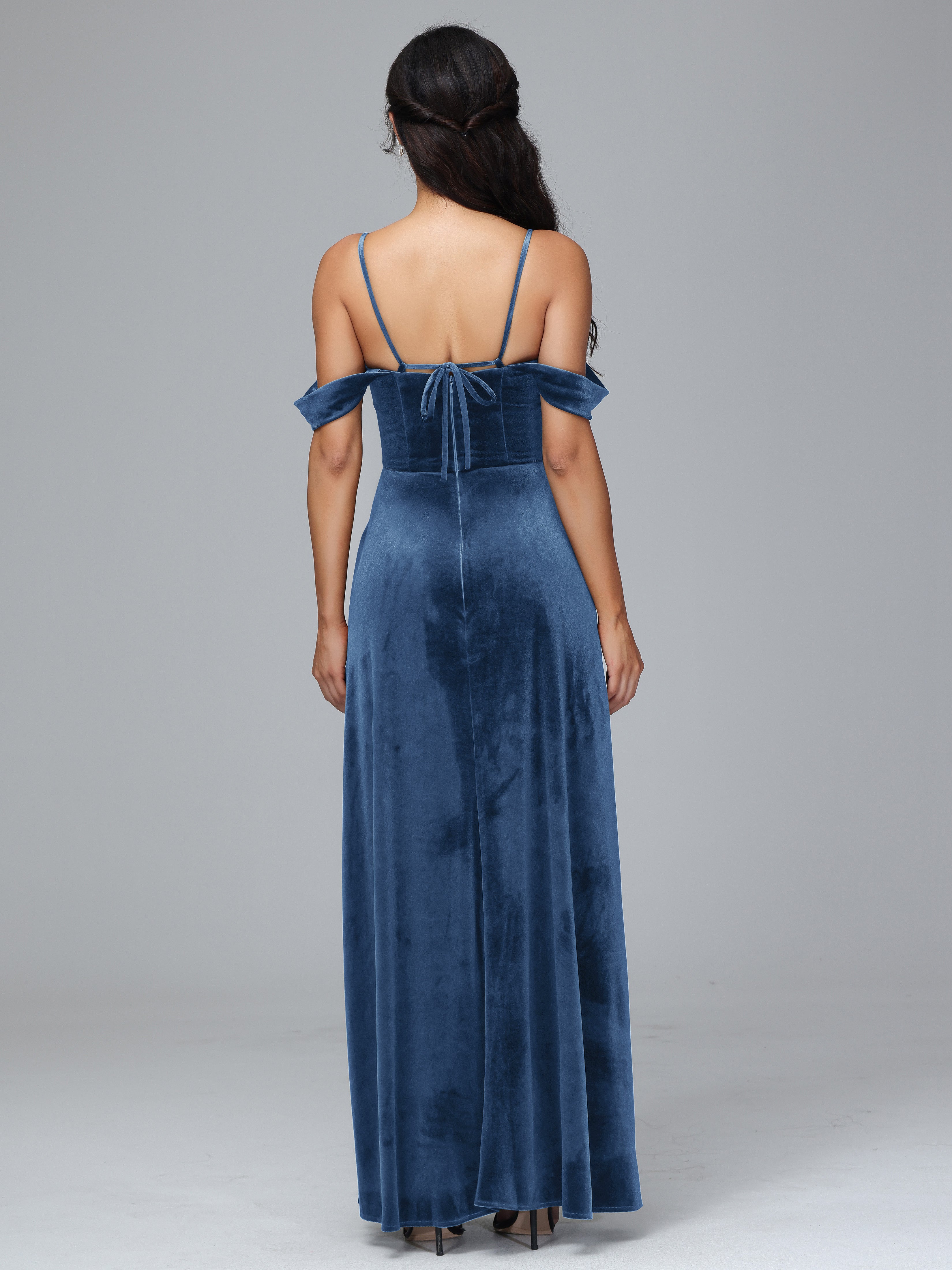 Spaghetti Straps Off Shoulder Plus Size Velvet Bridesmaid Dress With Slit